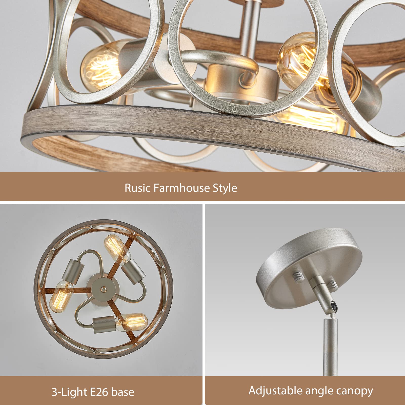 Peskoe Farmhouse Ceiling Light Fixture, Drum Round Modern Semi Flush Mount Ceiling Light For Kitchen Bedroom Dining Living Room, 13" Metal Nickel And Wood Grain Chandeliers