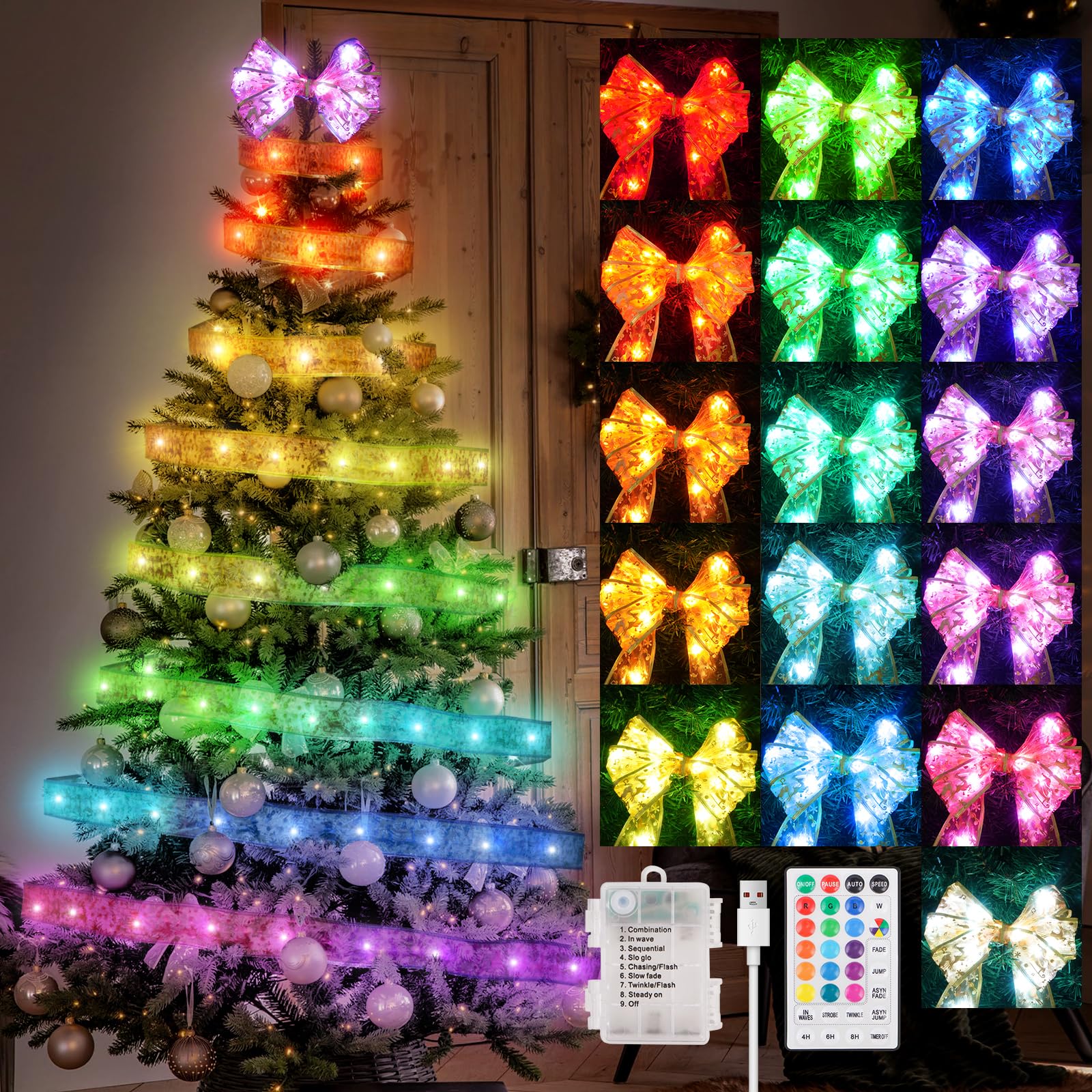 KPROE Christmas Tree Decorations, 64Ft 200 LED Christmas Tree 16- Color Changing Ribbon Lights with 8 Lighting Modes, Battery Op