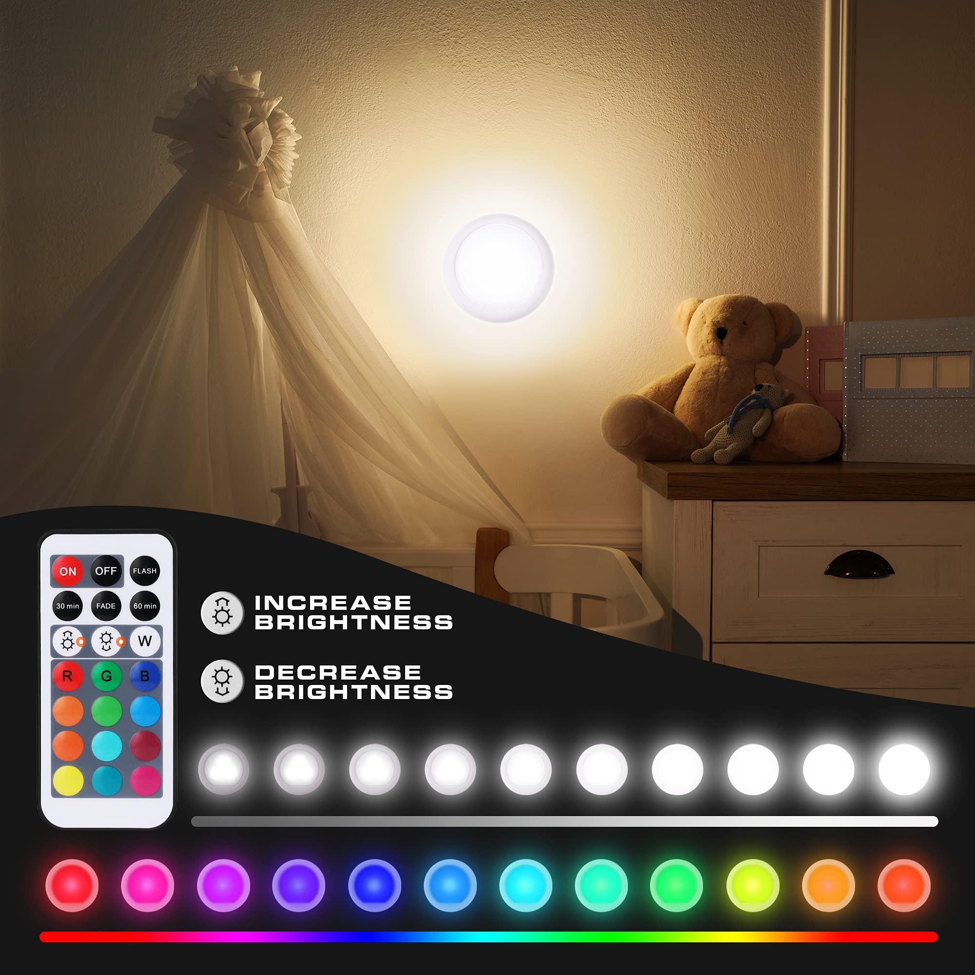 EverBrite LED Puck Lights, 12 RGB Colors, Wireless Touch Light, 80 Lumens, Includes 18 AAA Batteries, 6-Pack