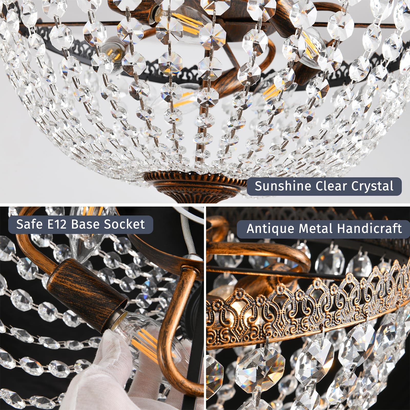 Kaiqi 5 Lights French Empire K9 Crystal Antique Flush Mount Ceiling Light Fixture Crystal Chandelier Lighting For Dining Room En