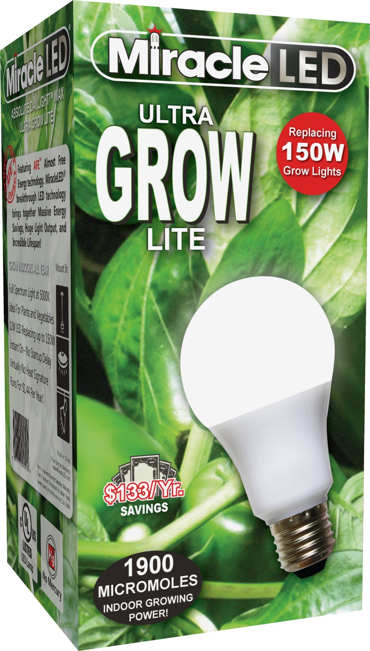 Miracle Led Hydroponic Grow Lite - 150W Replacement, Daylight White, Full Spectrum Indoor Bulb
