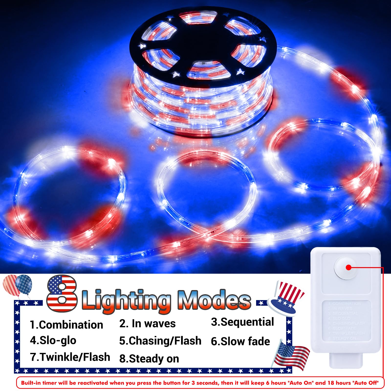 Jnaurb 50ft LED Rope Lights, Waterproof PVC Tube, 360 LEDs, 8 Modes, Red & White & Blue for Indoor/Outdoor Decor