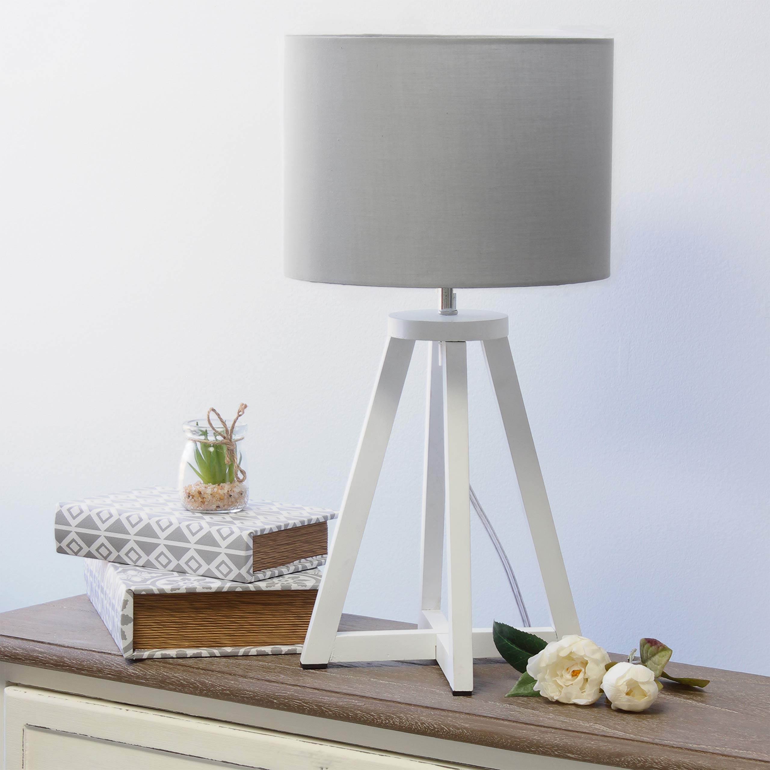 Simple Designs Lt1069-Whg Interlocked Triangular White Wood Table Lamp With Gray Fabric Shade