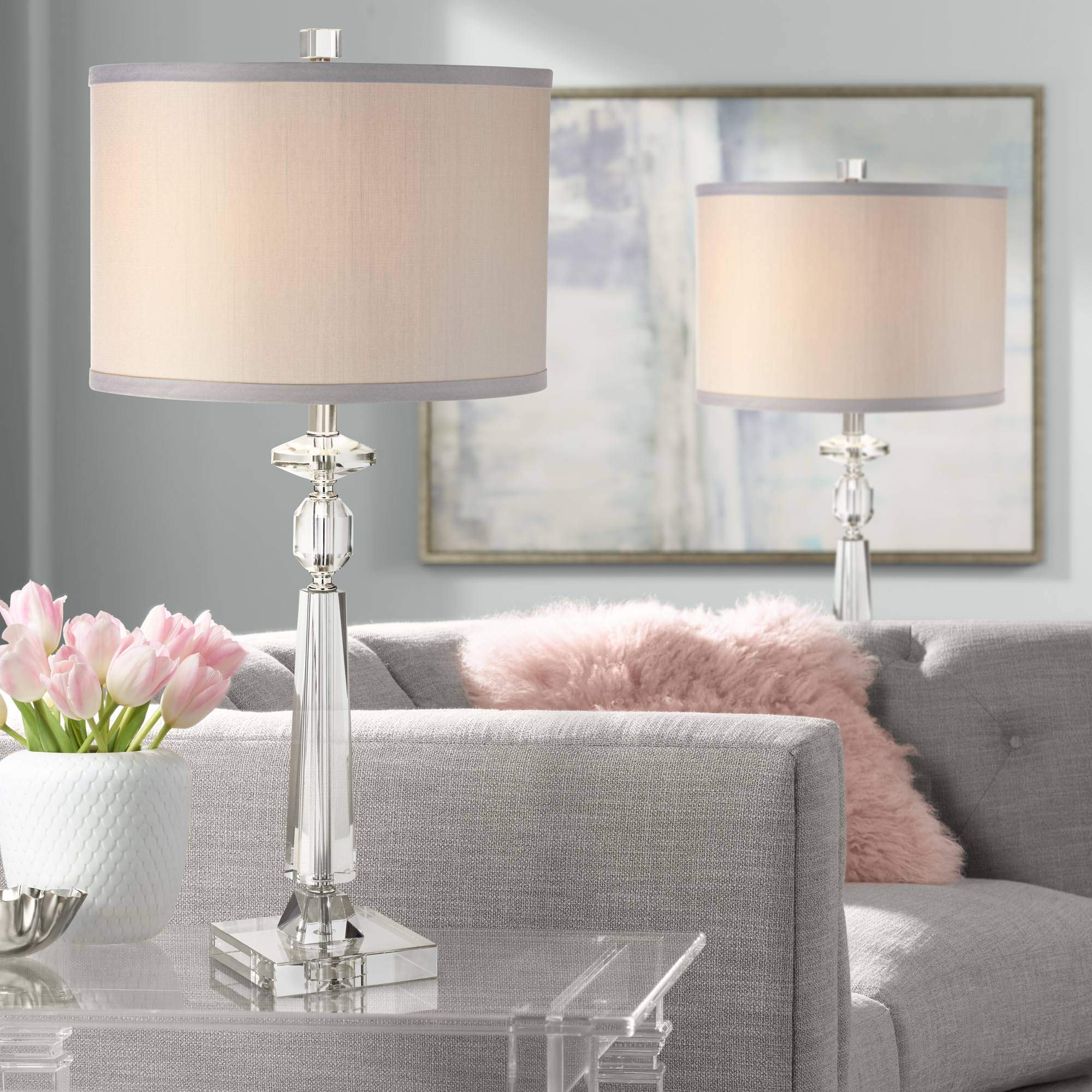Vienna Full Spectrum 27 Tall Table Lamps Set Of 2, Gray Drum Shade, Crystal, Model 40A06, Ideal For Living Room, Bedroom, Office