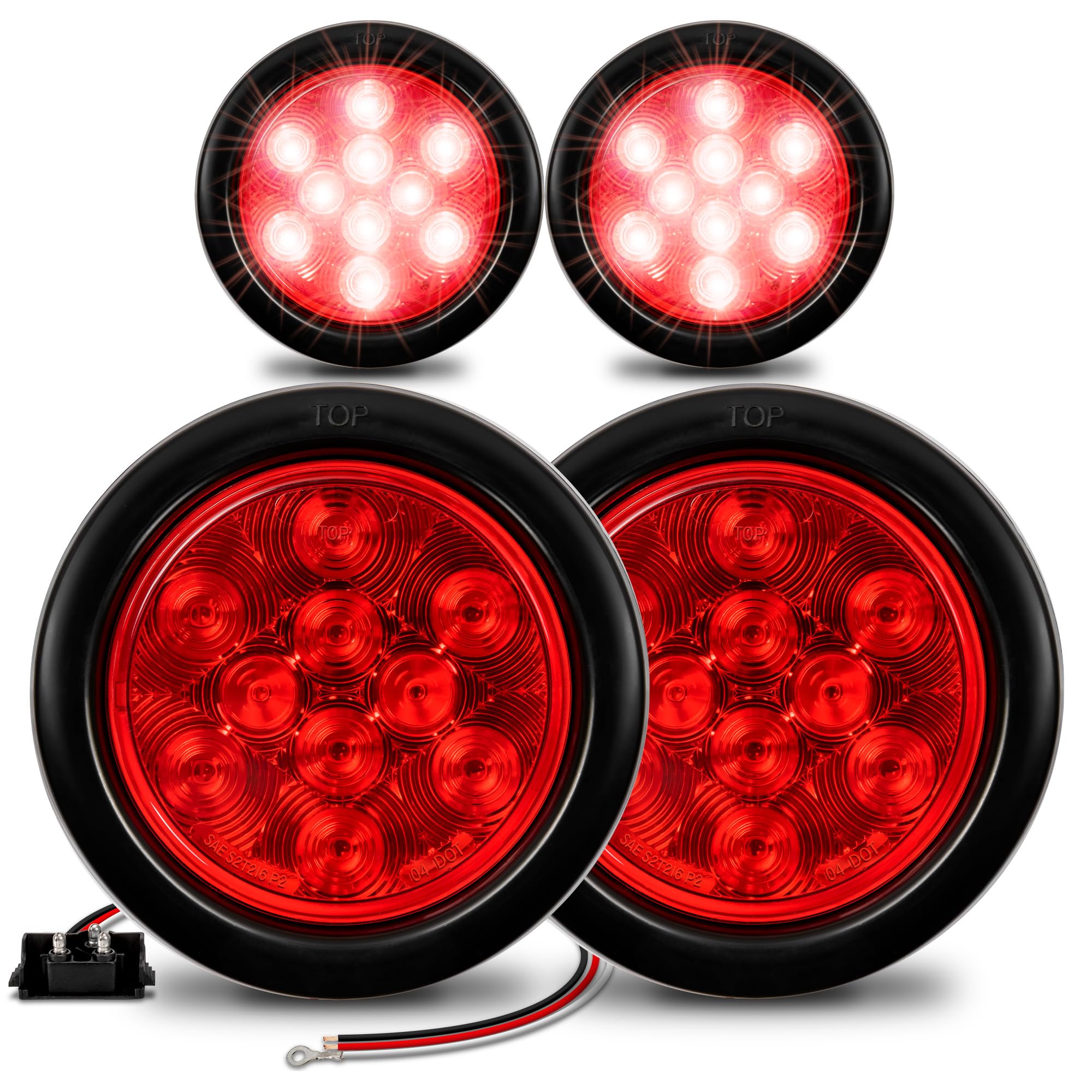 True Mods 4Pc 4'' Round Red 10 Led Trailer Tail Lights [Dot Fmvss 108] [Sae S2T2I6P2] [Grommet & Plug] [Ip67 Waterproof] Turn St