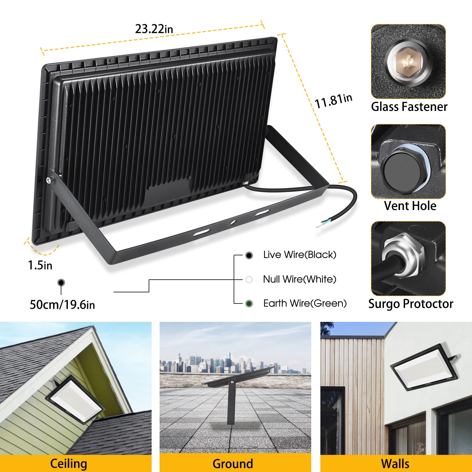 XYCN 500W LED Flood Light - 58,500LM Daylight 5000K, IP66 Waterproof, Commercial Lighting for Outdoor Use, Model PG-600W