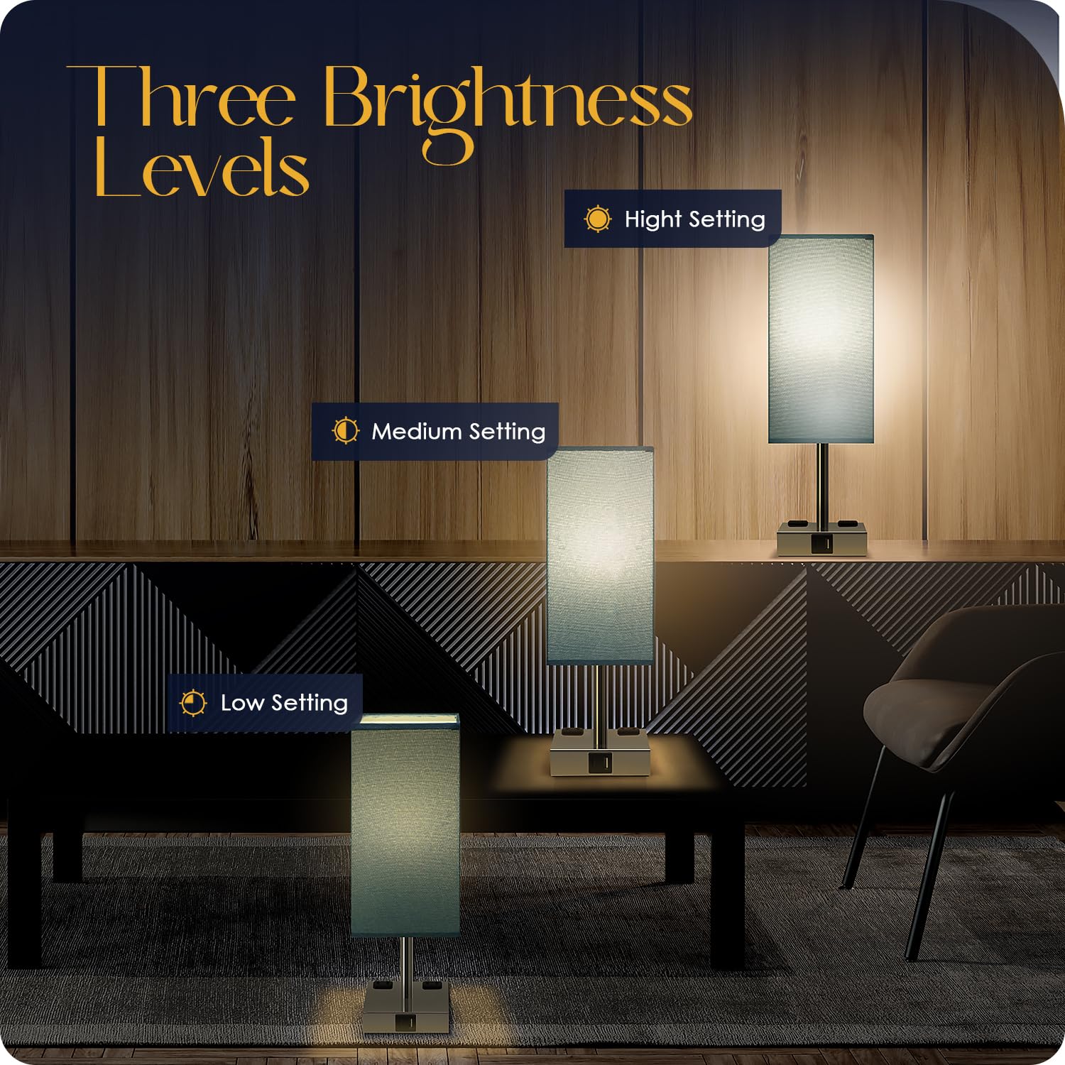 Soilsiu Bedside Lamp - Touch Control Table Lamp with USB Ports, 3 Way Dimmable, Metal, Blue Shade