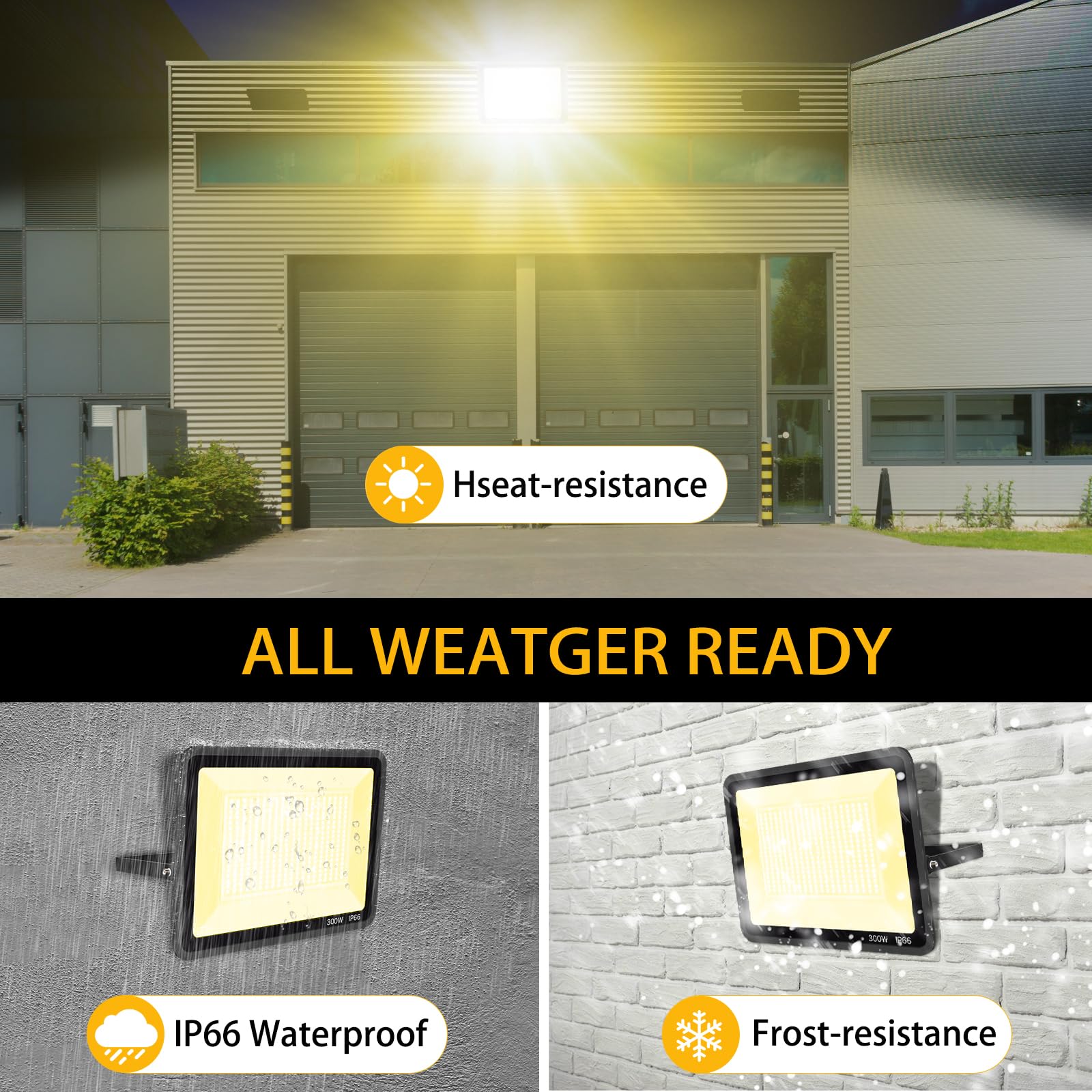 Yanycn 2 Pack 300W Warm White Led Flood Lights Outdoor,3000K Super Bright 43500Lm Security Lights With Plug,Exterior Ip66 Waterp