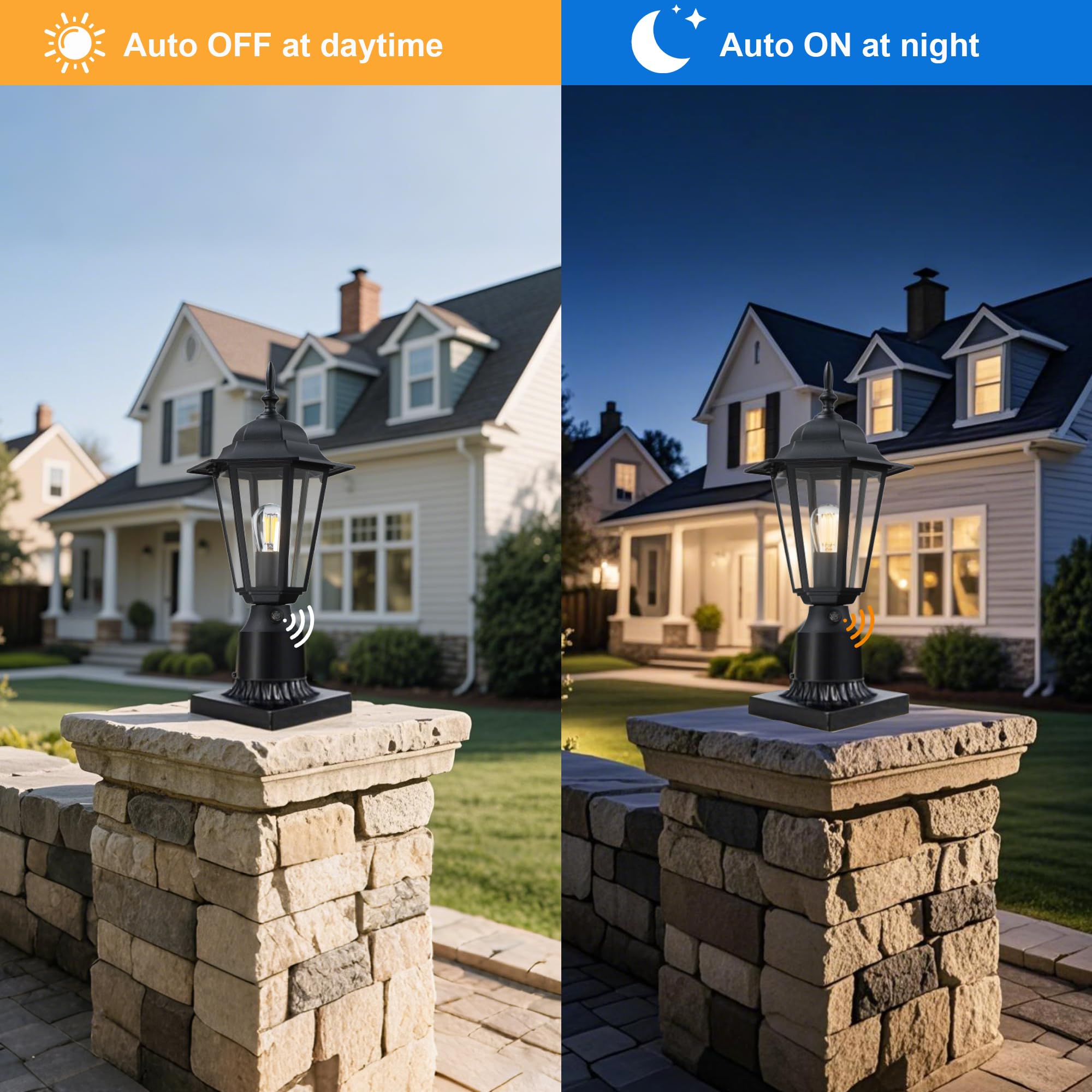 GRUENLICH Dusk to Dawn Outdoor Post Lights, Modern Black Exterior Lamp Post Light Fixture, Anti-Rust Aluminum Pole Lantern for G