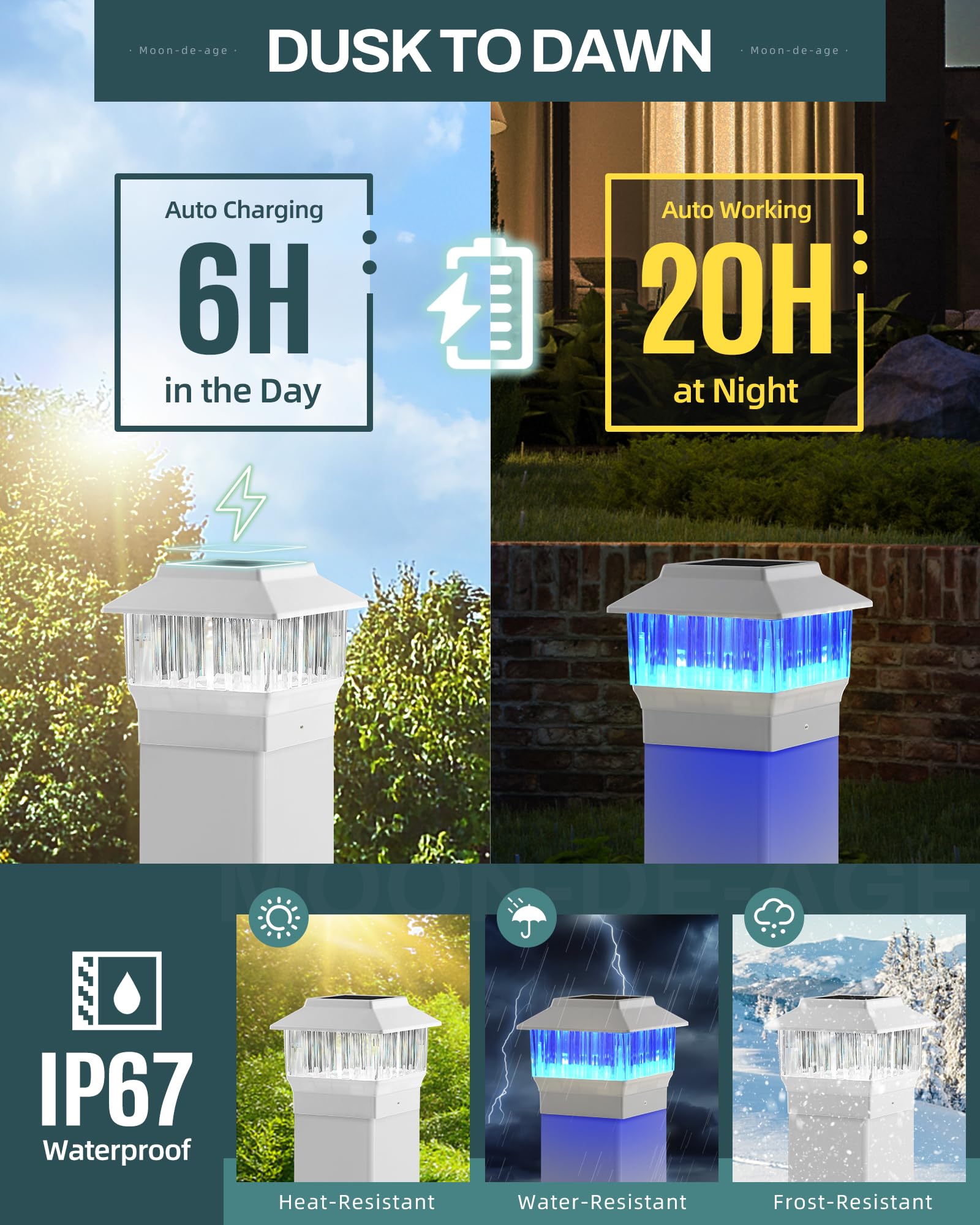 Moon-De-Age Rgbw Solar Post Cap Lights, 50 Lumen, 4 Pack For Garden & Patio, Led Outdoor Decor