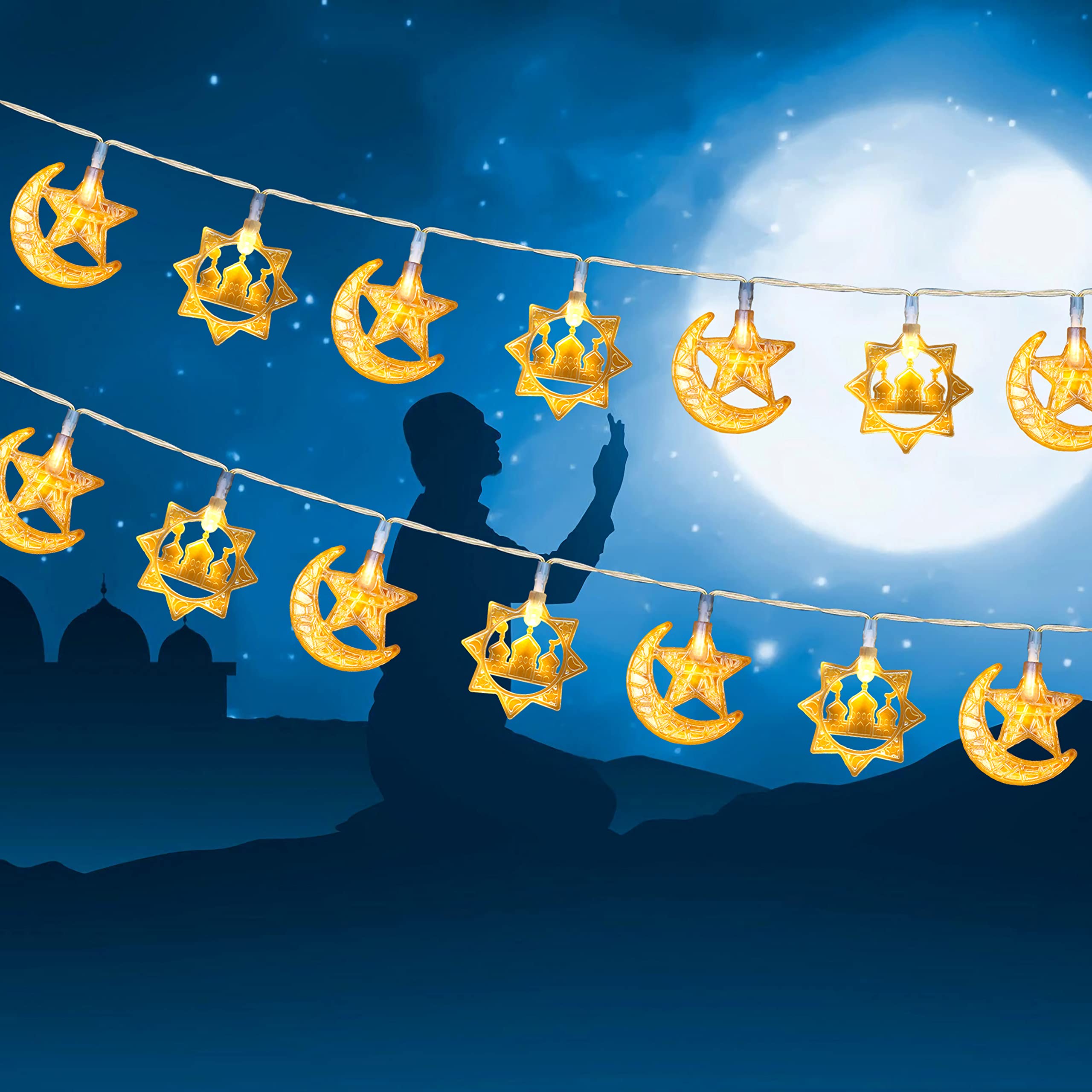 Ramadan Lights Star Moon String Lights 10Ft 20 LED Fairy Lights Battery Operated with 2 Modes Indoor Twinkle Ramadan Kareem and 