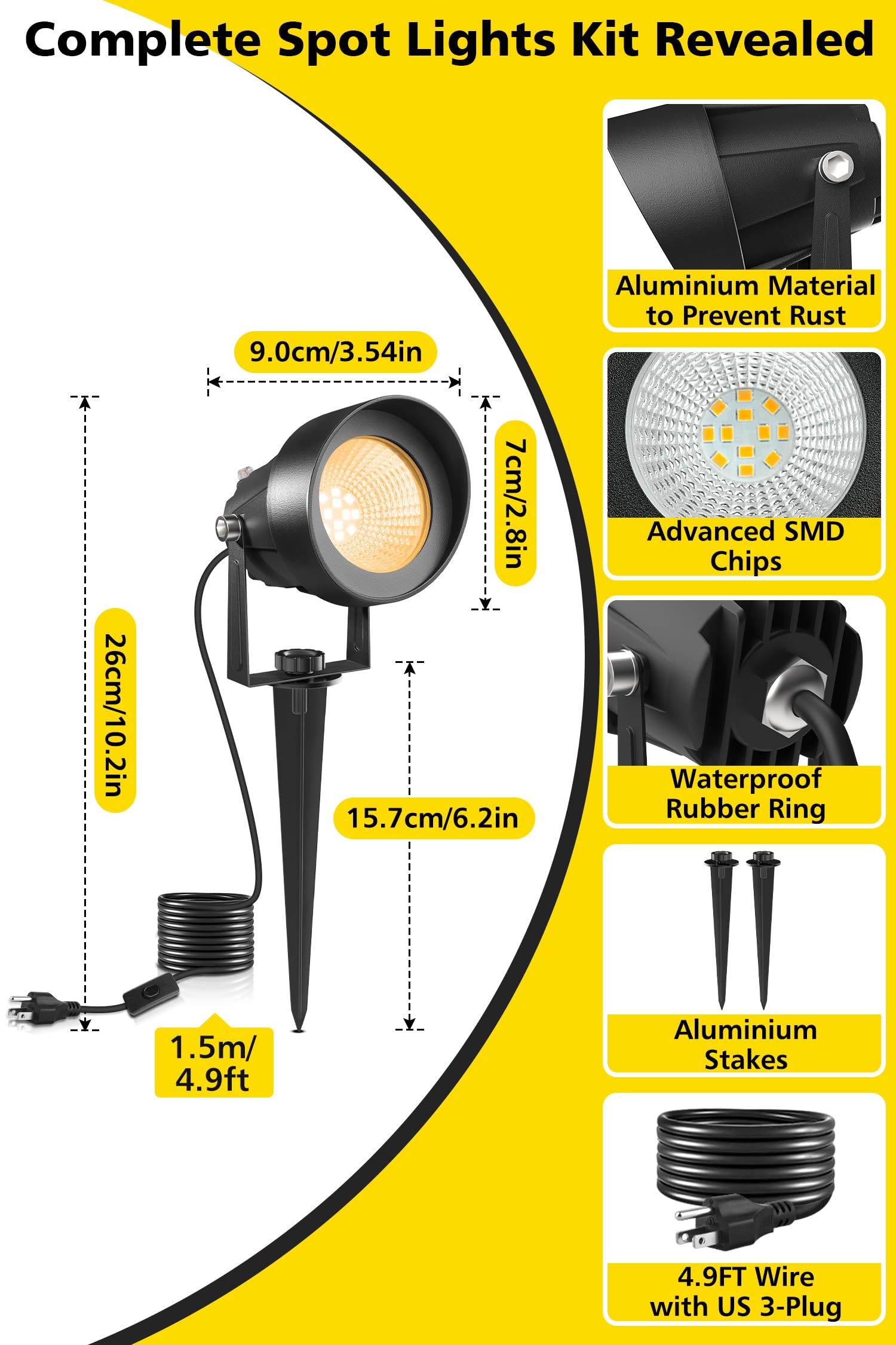 T-Sun Dusk To Dawn Outdoor Lighting  Flag Spot Lights With Photocell Auto On/Off  Waterproof 3000K Warm White Led Plug-In Landscape Spotlights For Garden Yard Tree Pathway Pole House