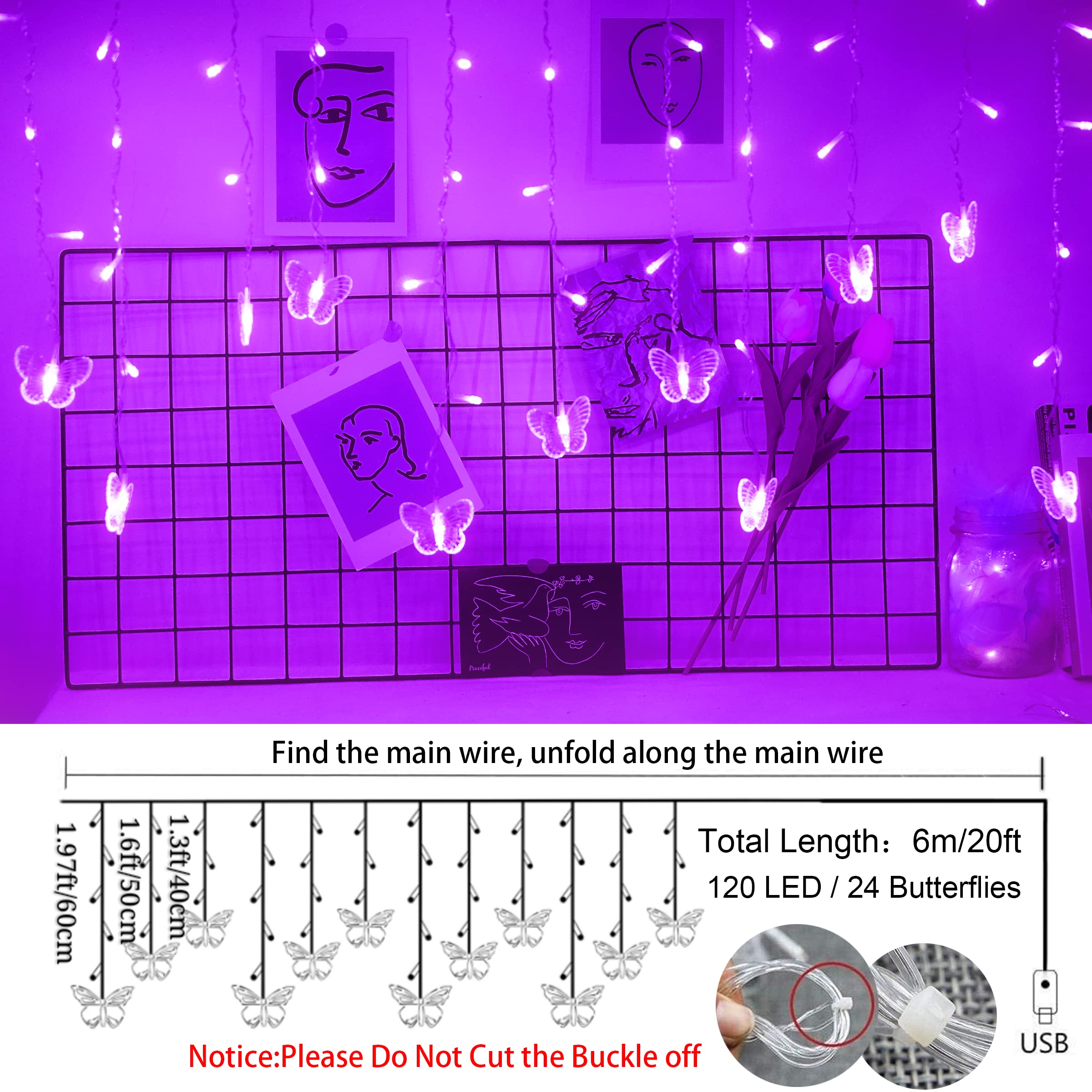 Sunkite Purple Butterfly Curtain Fairy Lights, 120 Led Usb, 20Ft, 8 Modes, Waterproof For Parties