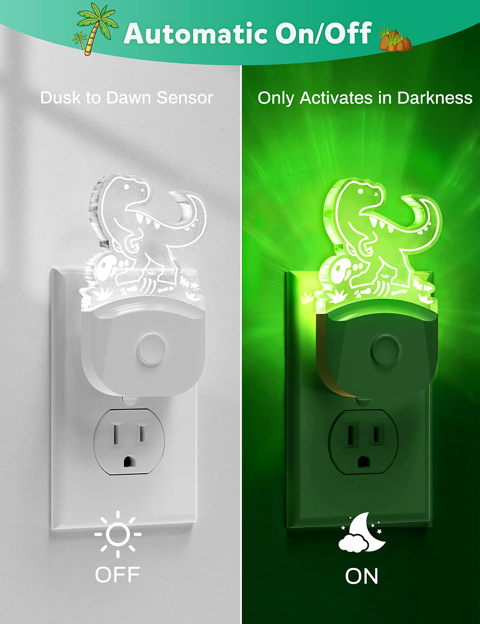Dinosaur Night Light For Kids [2 Pack], 8 Color Changing Plug In Night Light For Kids, Baby Night Light With Dusk To Dawn Sensor