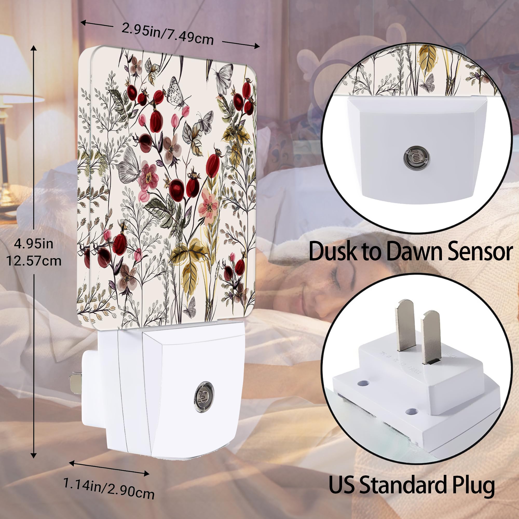 Jopowide Vintage Flower Night Light, Butterfly Plug Into Wall With Dusk To Dawn Light Sensors, Warm Nightlights For Bedroom, Bat