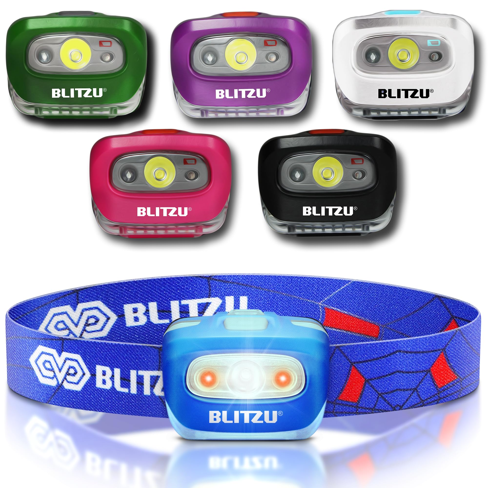 Blitzu Hands-Free Headlamp, Blue, 165 Lumen, Adjustable Light Modes, Battery Powered, Waterproof, Impact Resistant