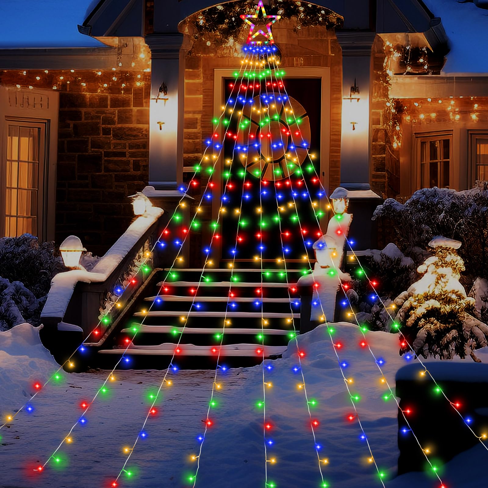 DINGFU 11.5 ft 317 LED Star Christmas Tree Lights, Multicolor, 8 Lighting Modes, Timer, Outdoor Decorations for Yard, Party, Wedding