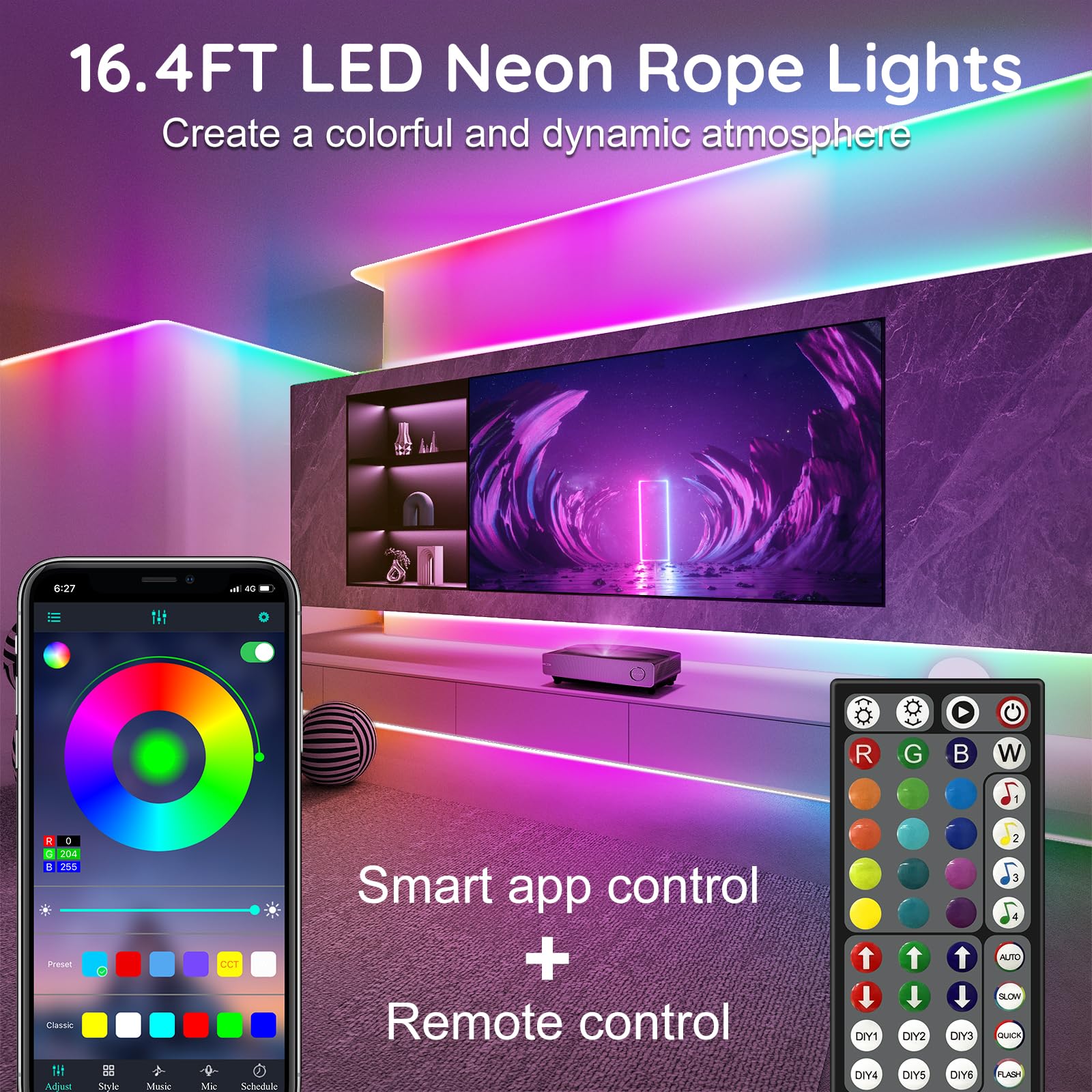 16.4Ft Neon Rope Lights,Flexible Led Rope Lights Control With App/Remote,Multiple Modes Rope Lights,Ip65 Outdoor Rgb Led Neons L