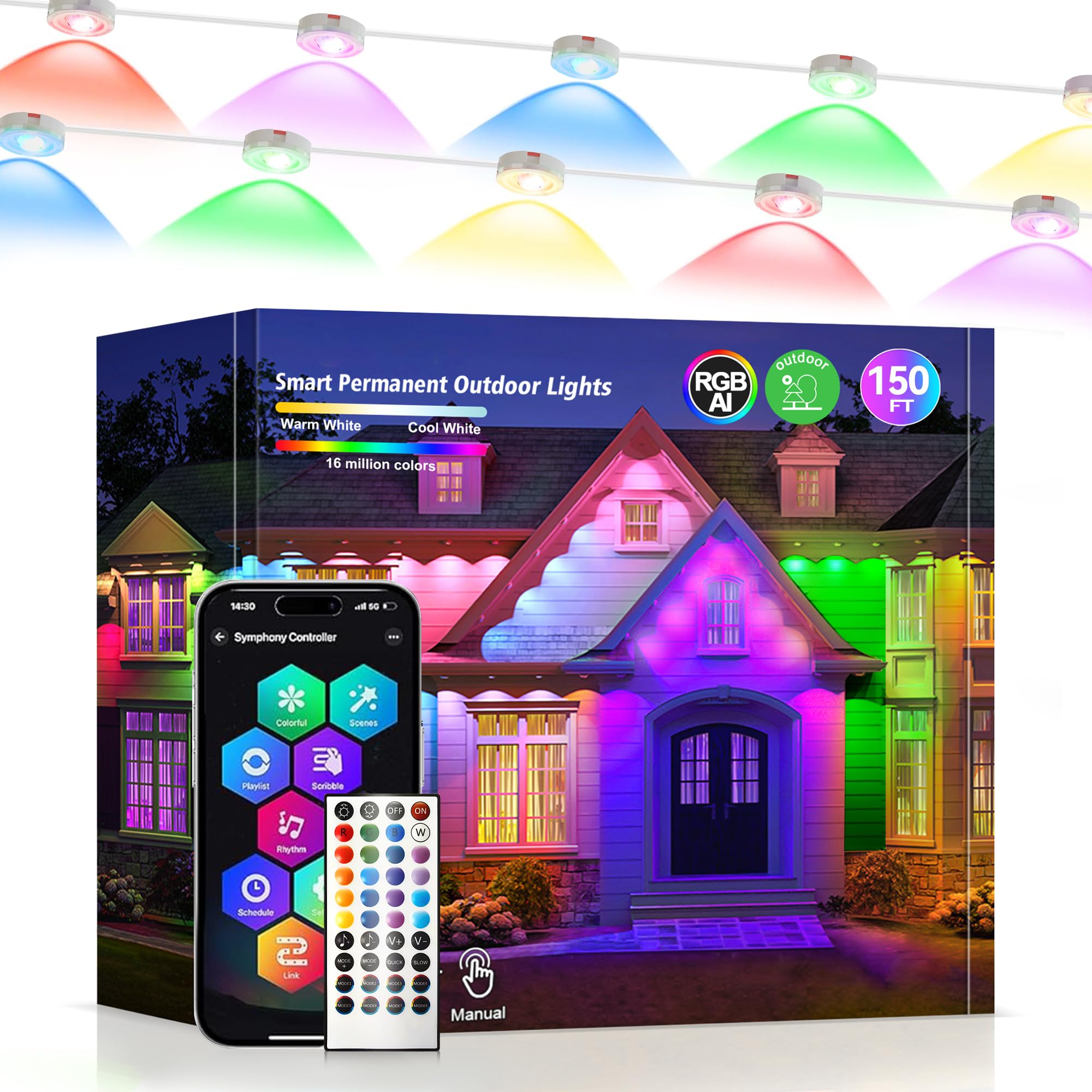 Jeryyen Permanent Outdoor Lights 150ft RGB+IC Outdoor String Lights App Control IP67 Waterproof,100 Scene Modes Home for Christm