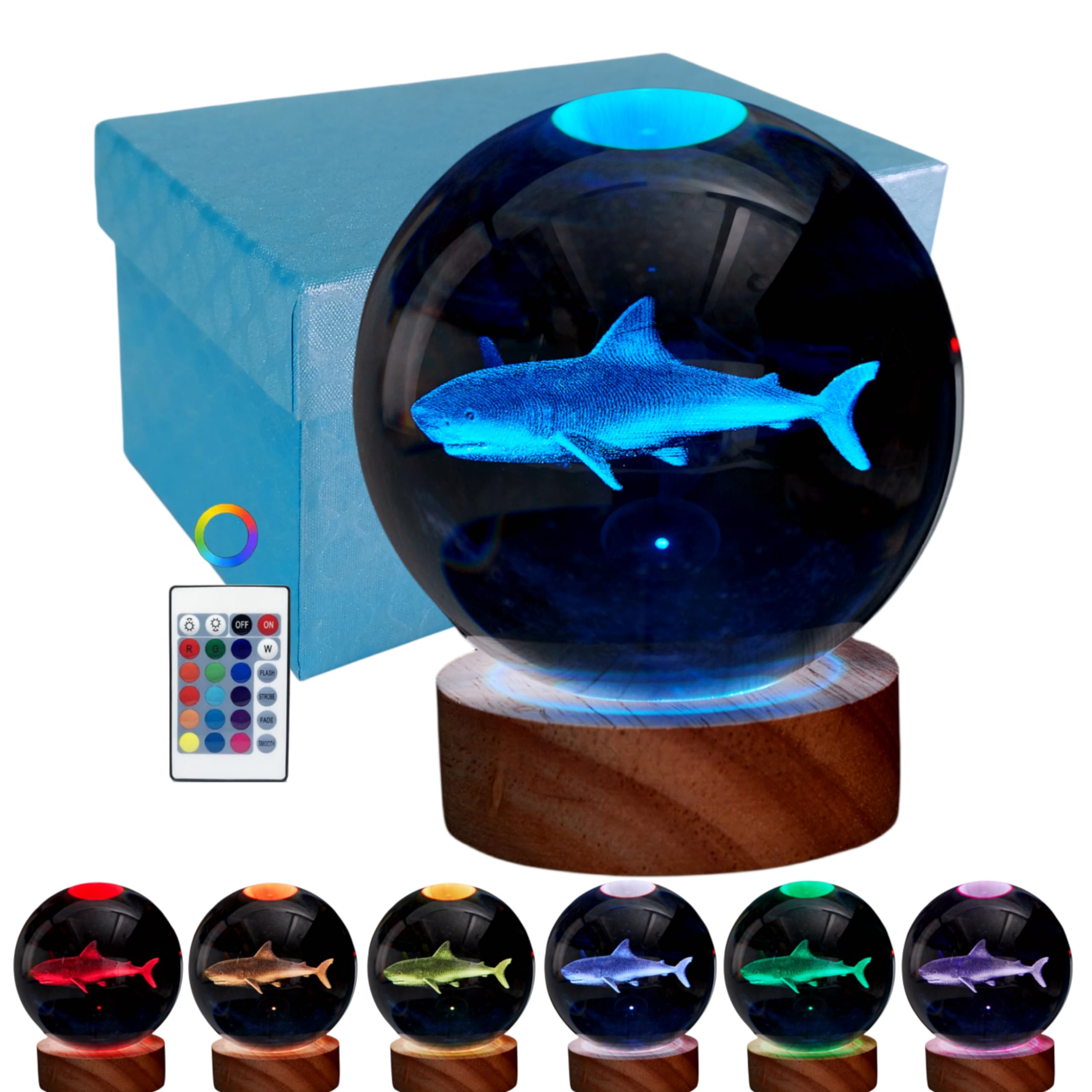 Conalisk 3D Shark Crystal Ball Lamp, 3.15 Inch Shark Crystal Ball Night Light with 16 Colors LED Wooden Base, Remote Control, Gi
