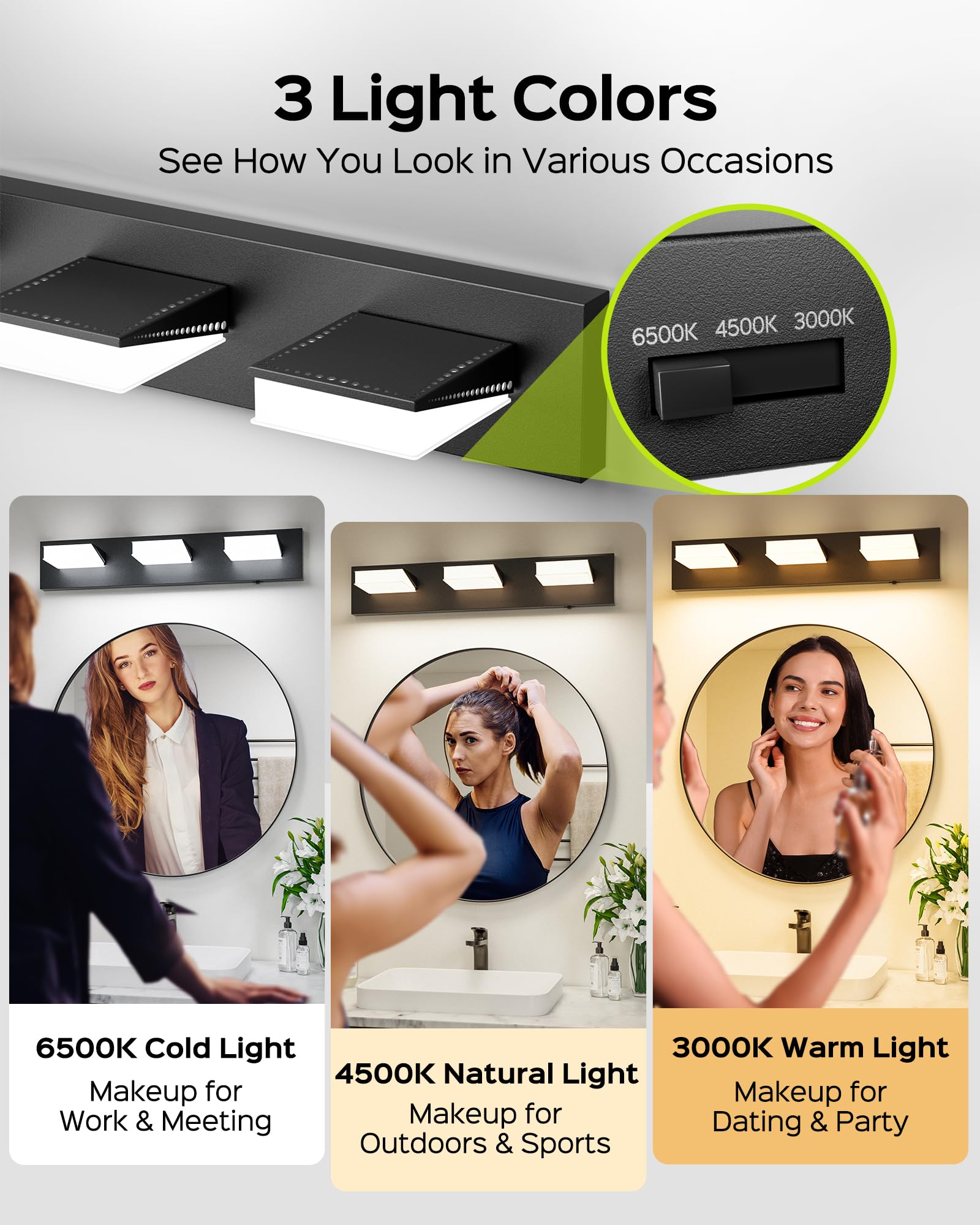 Jackyled Bathroom Vanity Light Fixtures, 270? Adjustable Modern 3-Light Vanity Lights Over Mirror, 24W 3 Color Lights 3000K/4500