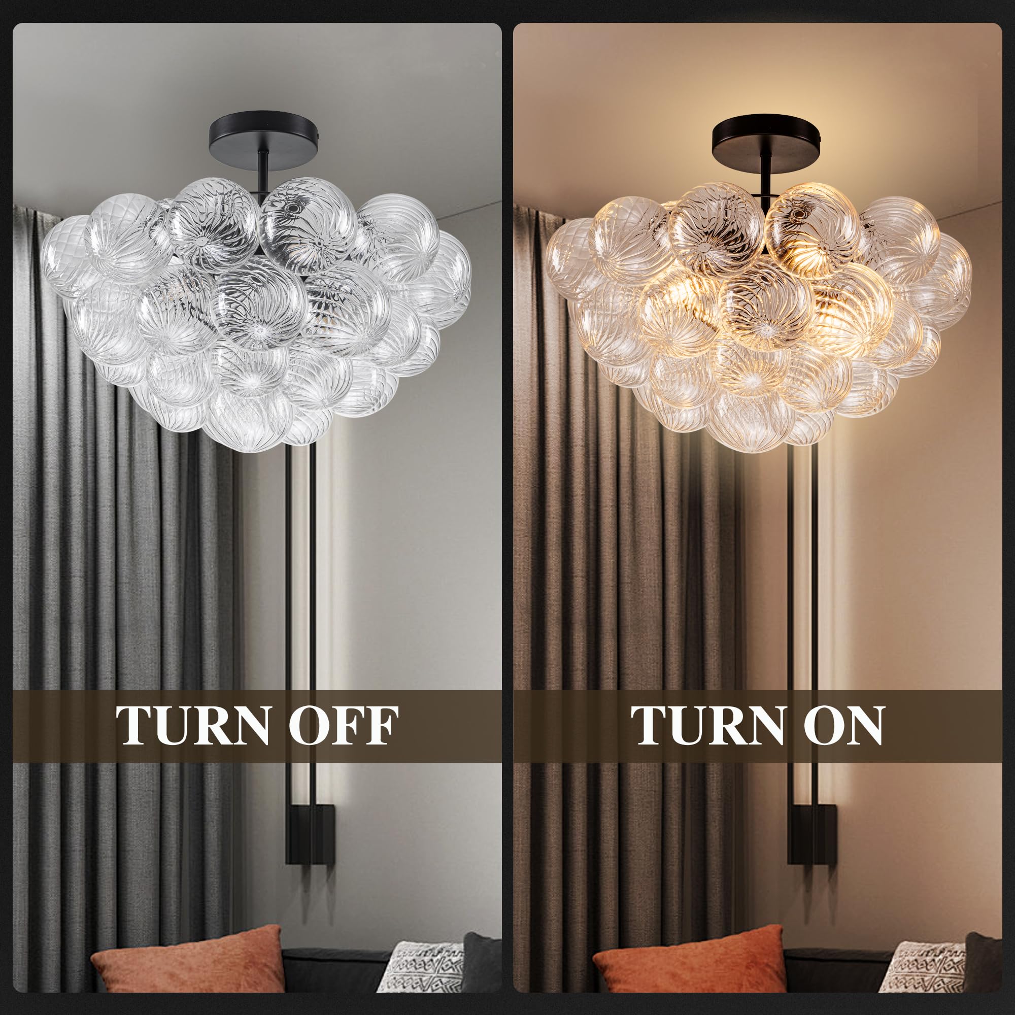 Beypan Bubble Ball Glass Chandelier Black Finish Clear Ribbed Blown Glass Globe Chandeliers Semi Flush Mount Ceiling Light Fixtu