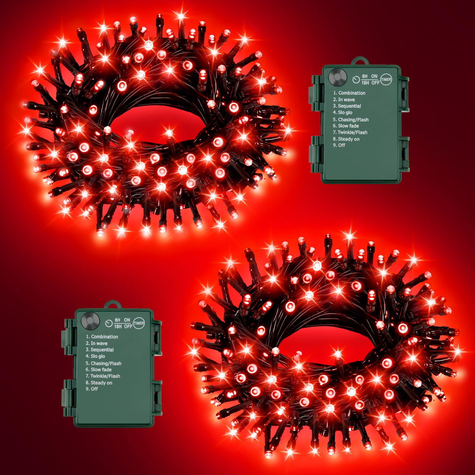 FFZZKJ Red Christmas Lights Outdoor Battery Operated String Lights Total 100LED 33Ft with Timer 8 Modes 16.4Ft*2 Waterproof Outdoor Indoor for Christmas Decor  Red  2-Pack