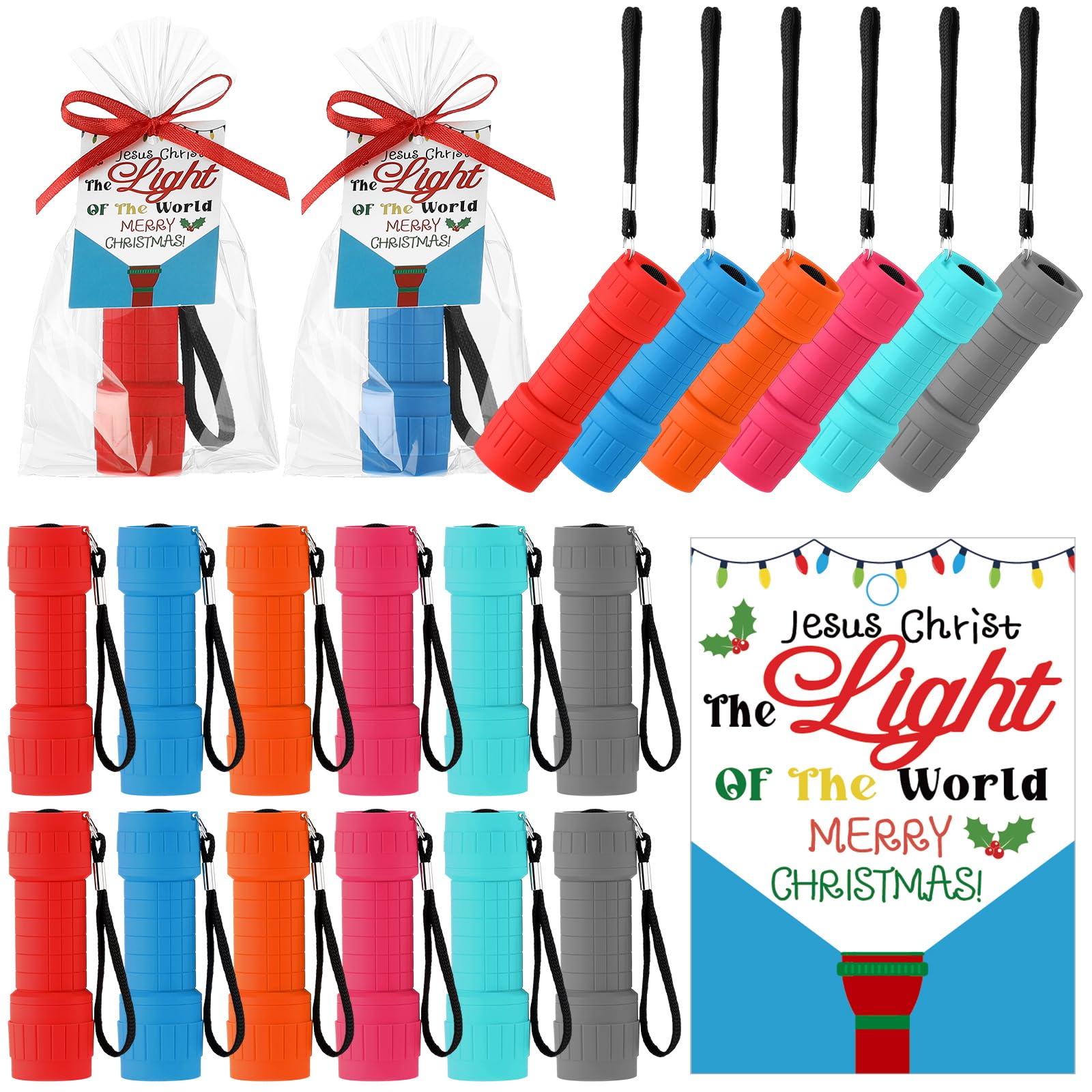 Flutesan 12 Sets Christmas Christian Gifts Bulk Flashlights Set With Jesus The Light Of The World Verse Cards 9 Led Handheld Lights Merry Christmas Card With Opp Bag For Party Favors