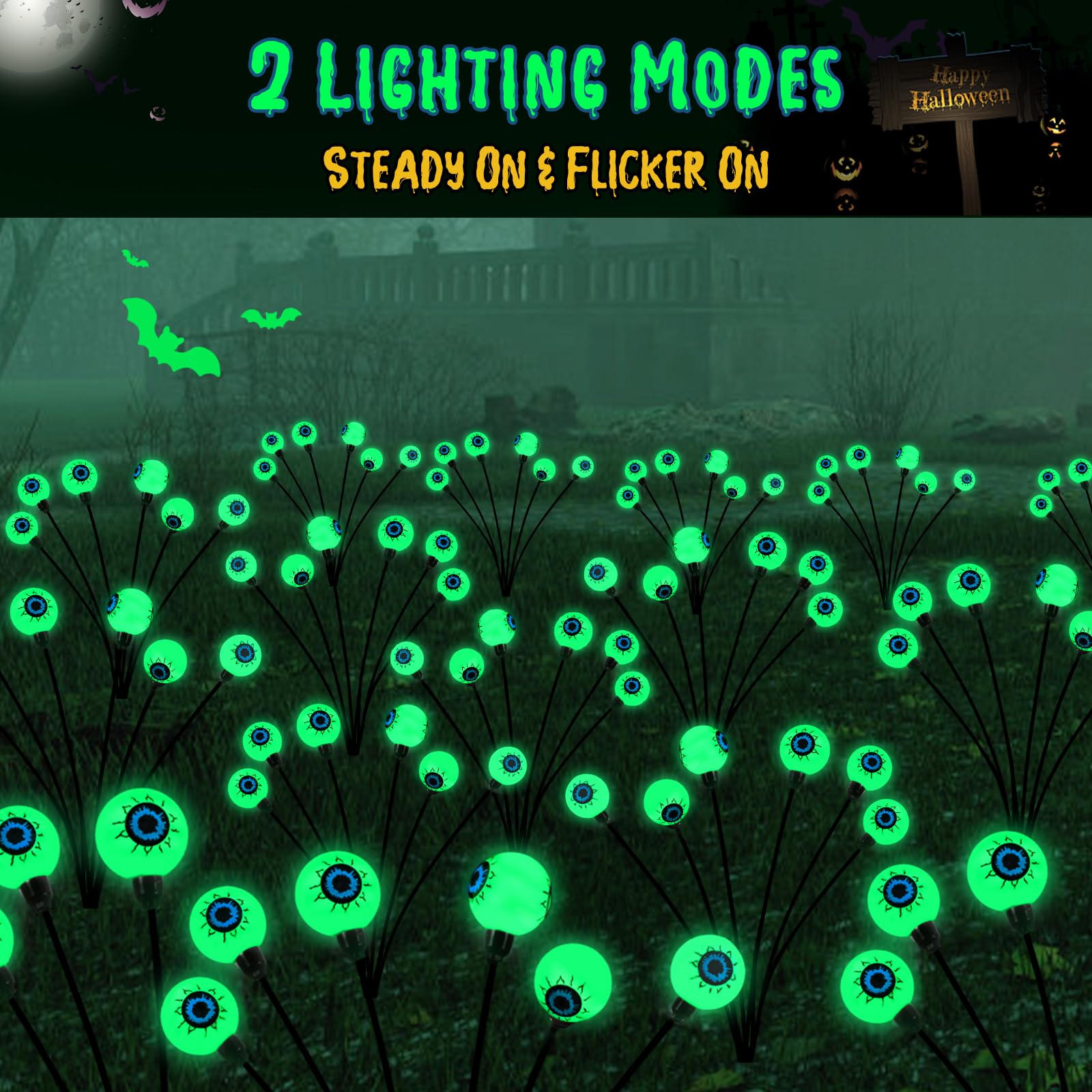 Lewondr Solar Garden Eyeball Lights, 6 Pack, Waterproof Firefly Lamps, Green, Model HD250147