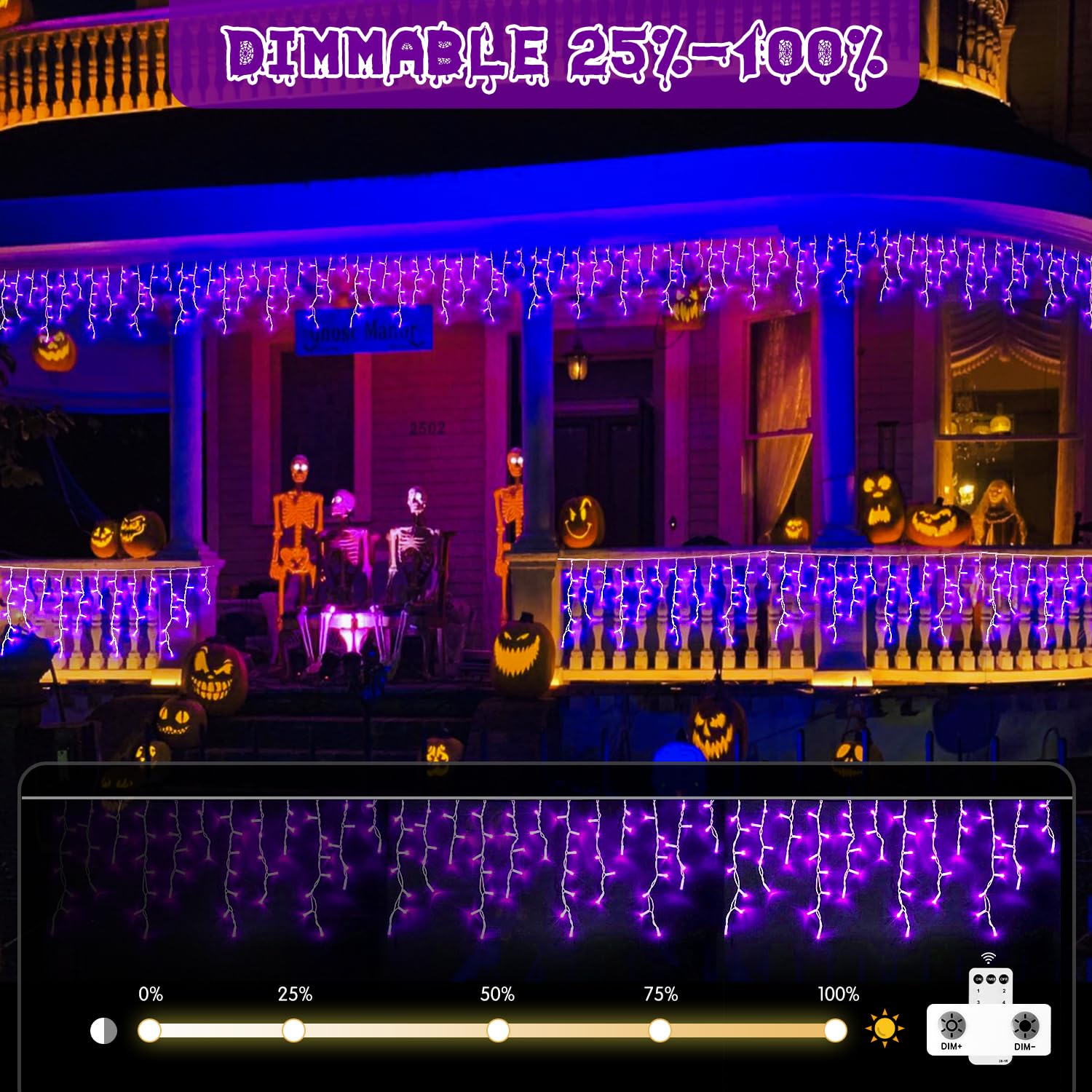 JMEXSUSS Purple Icicle Lights, 800 LED Waterproof, 8 Modes, Indoor/Outdoor, Model EXS-I-0800