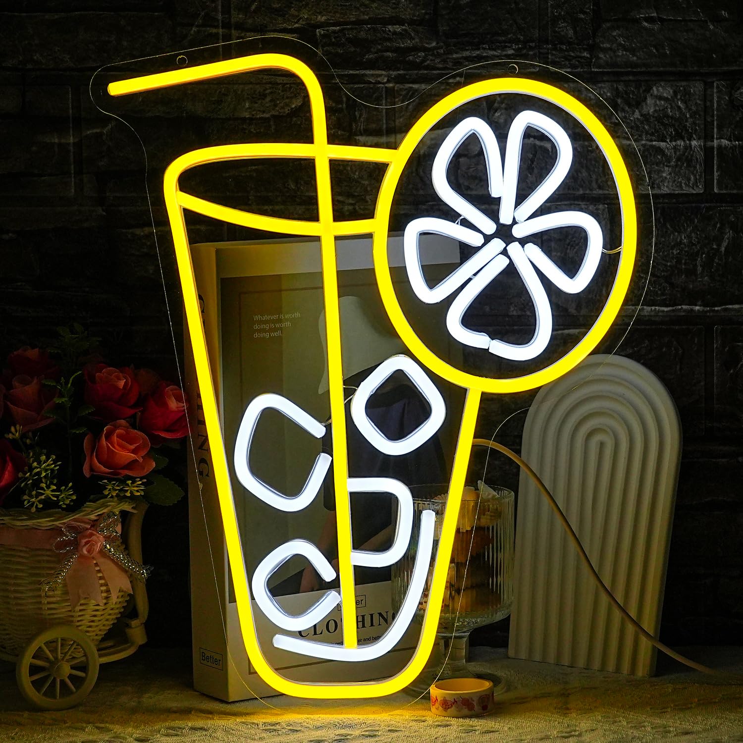 LULANMP Lemon Neon Light Sign - LED Acrylic Decor for Tea & Coffee Shops - Yellow - 15.6 x 12.9 inches