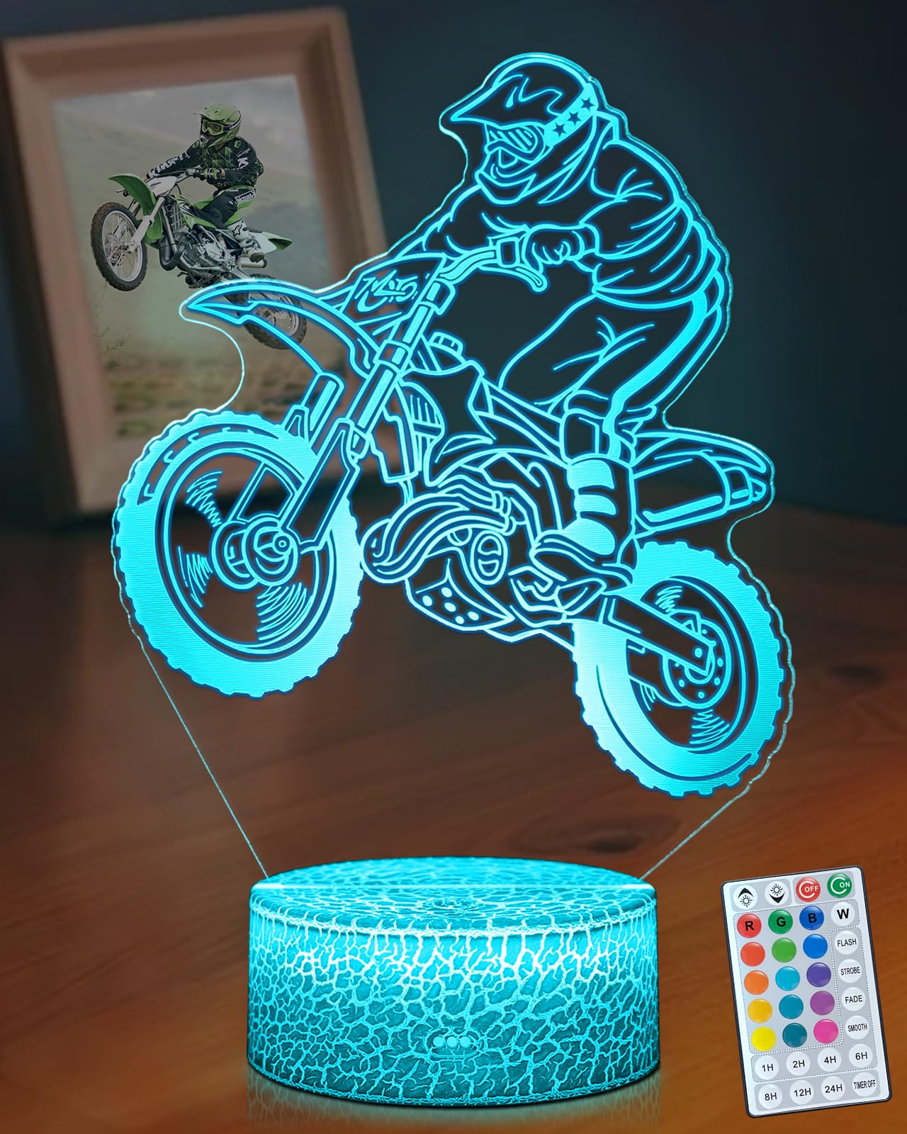 DAHEYMA Dirt Bike Night Light, 16 Colors LED, Touch & Remote Control, Dimmable, Model DHMDIRTB, Multicolor