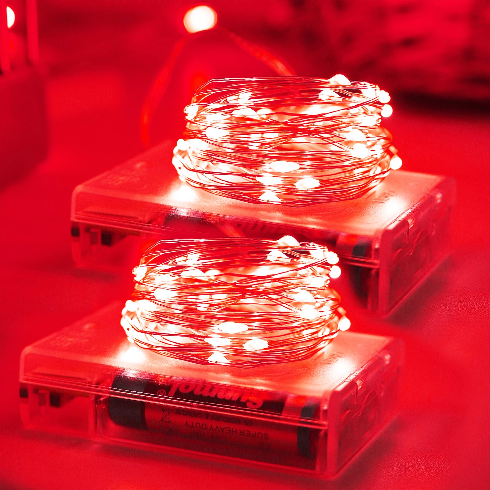 YAOZHOU Christmas Decorations Red Fairy String Lights, Battery Operated with Timer, 2 Pack Total 33FT 100 Led Mini Battery Power