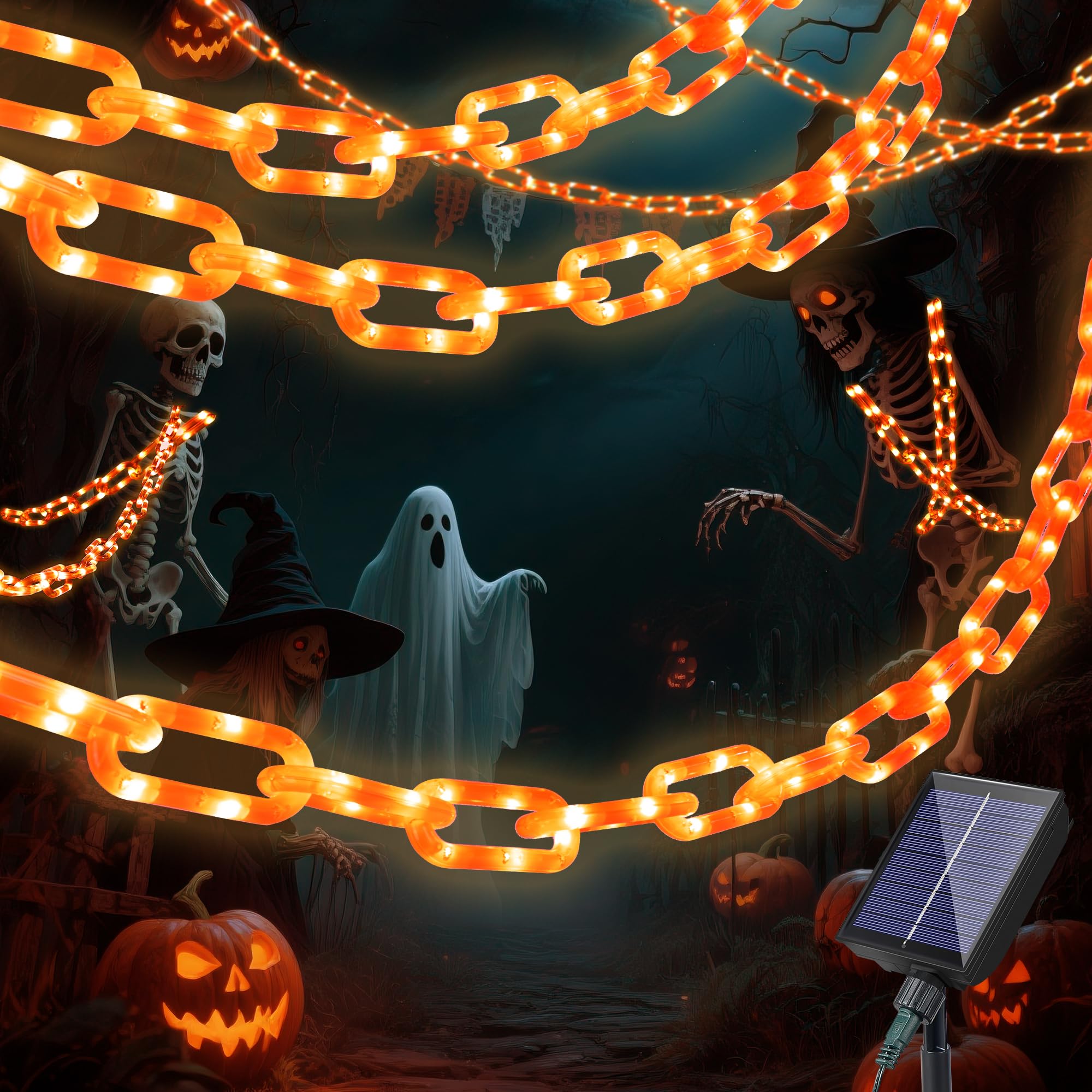 Solar Halloween Decoration String Lights,10.5 FT 175LED Orange Plastic Chain Light with Memory Timer,Waterproof Solar Halloween 