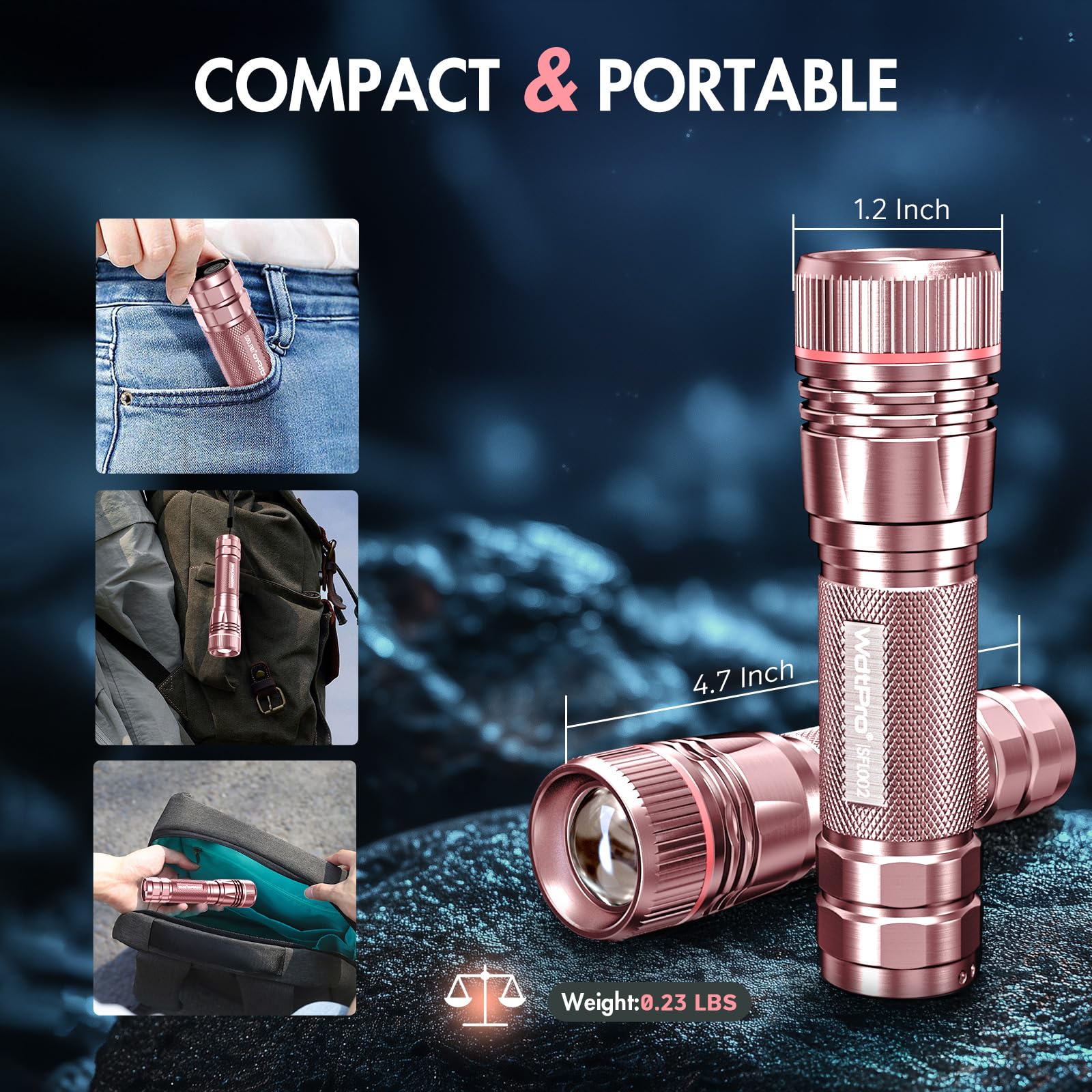 WdtPro LED Tactical Flashlight, High Lumens, Aluminum, 1 Pack, Pink, Model SFL002, 10H Runtime, Portable for Camping and Emergencies