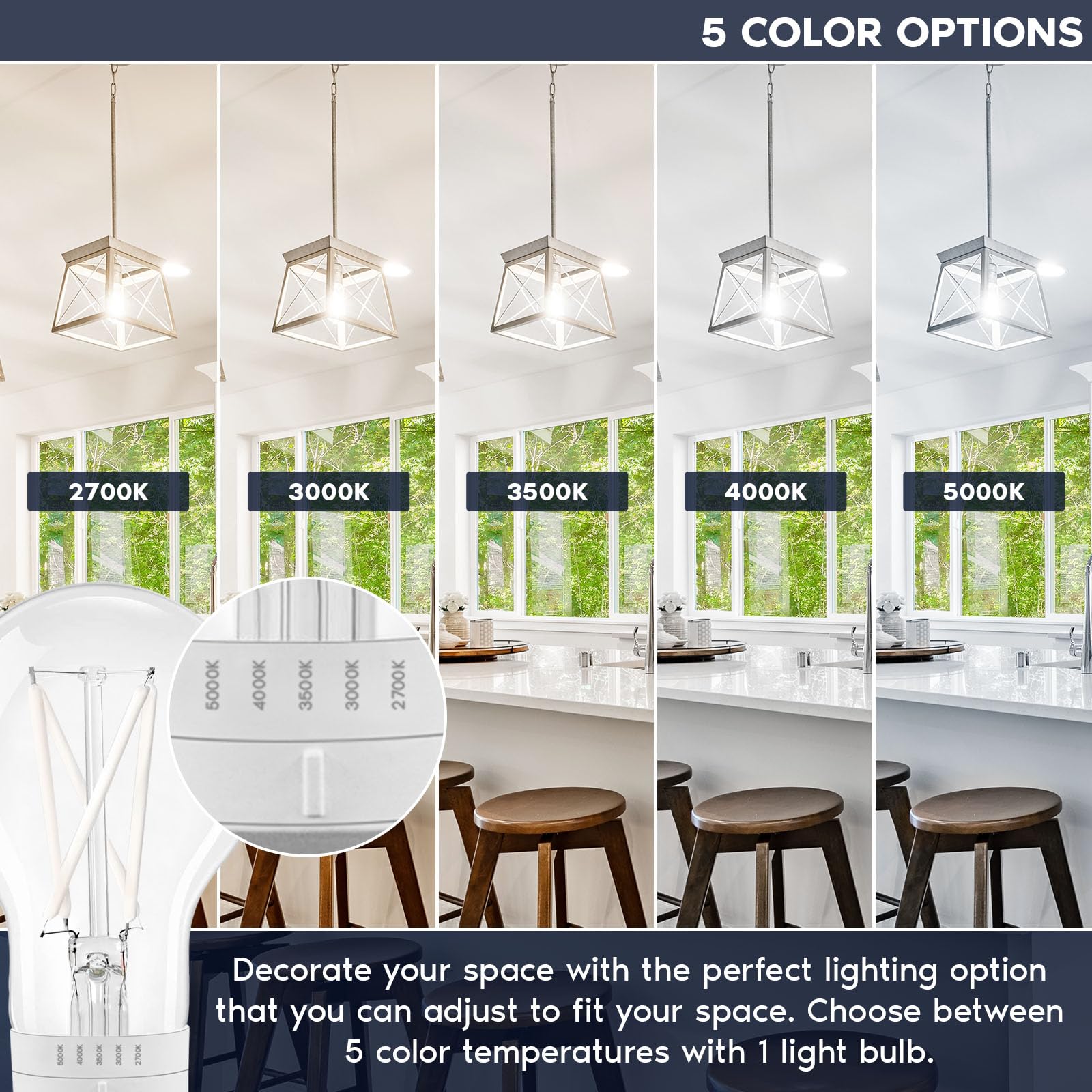 Luxrite Vintage A19 Led Light Bulb 60 Watt Equivalent, 5Cct 2700K 3000K 3500K 4000K 5000K, Dimmable, 800 Lumens, White Filament