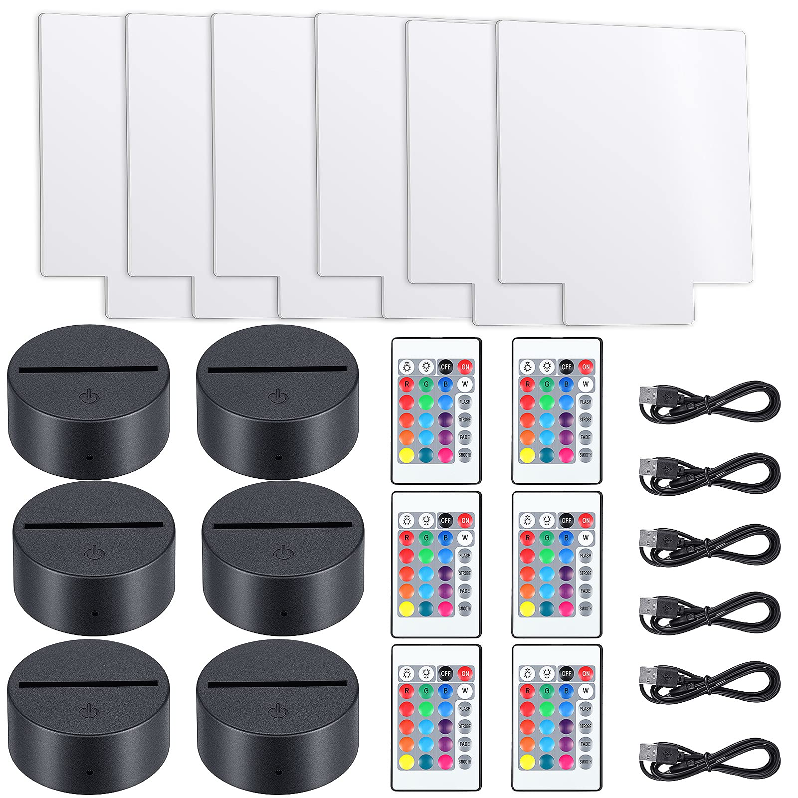 Honoson 3D Night LED Light Lamp Set, 6 Bases, 6 Acrylic Sheets, Remote Controls, 16 Colors, Clear