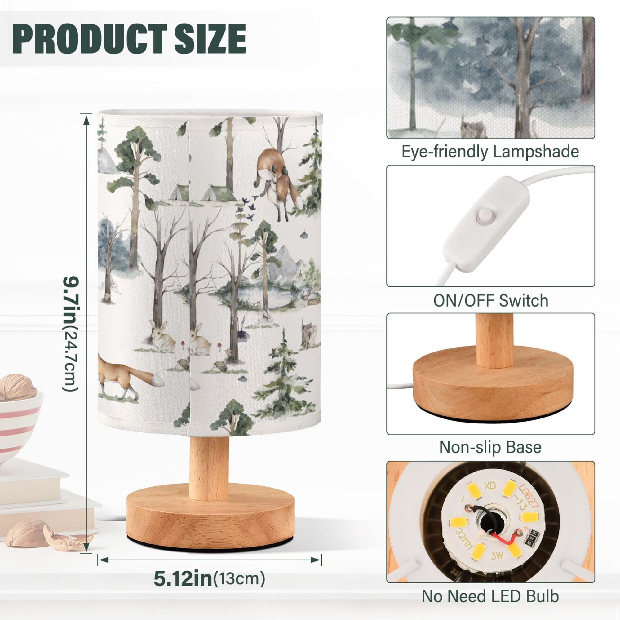 Yyzzh Table Lamp Watercolor Woodland Animal Pattern Fox Rabbit Hedgehog Bird Nightstand Lamp With Wood Base Fabric Lamp Shade Be