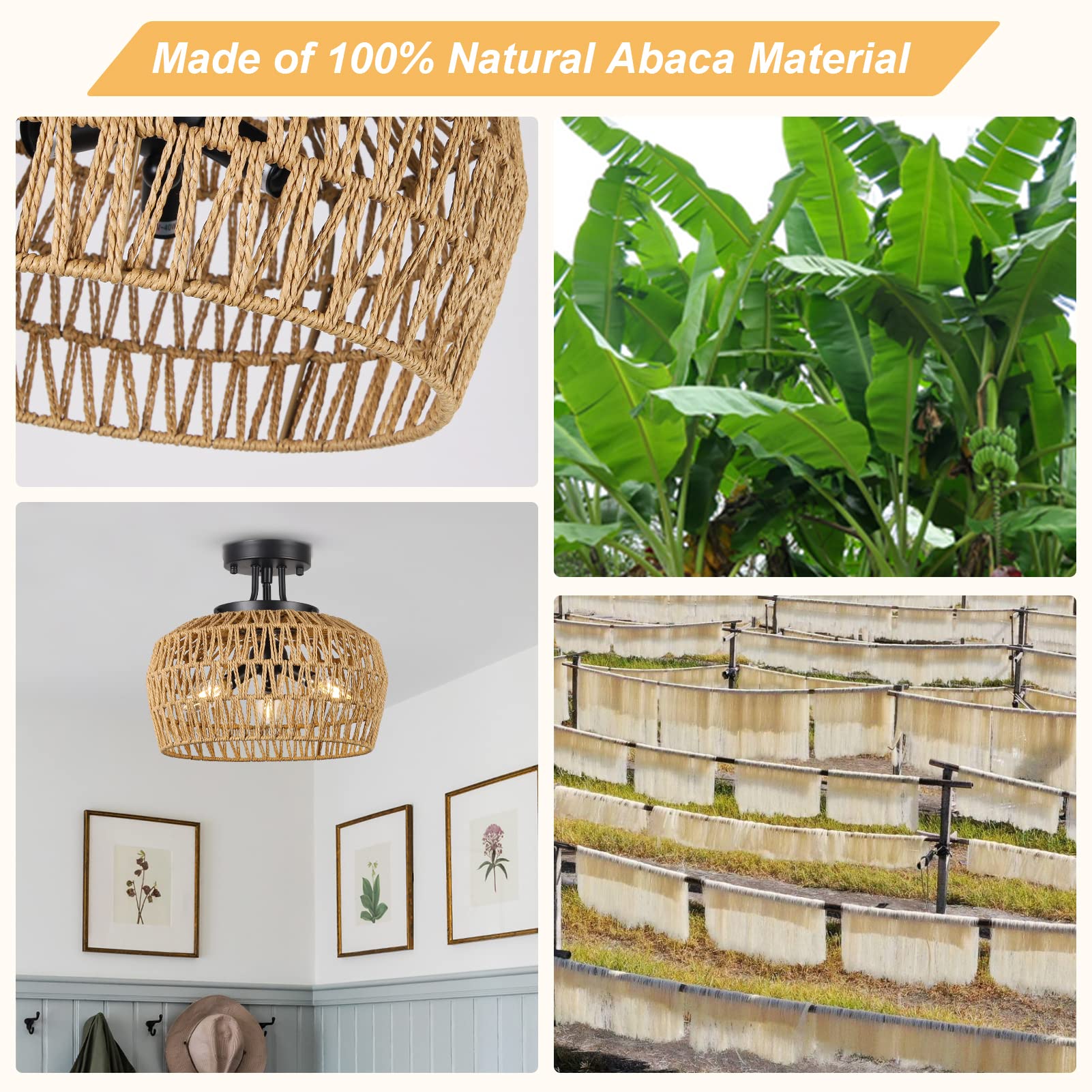 Hmvpl Rattan Semi Flush Mount Ceiling Light, 3-Light Boho Chandelier For Living Room, Bedroom