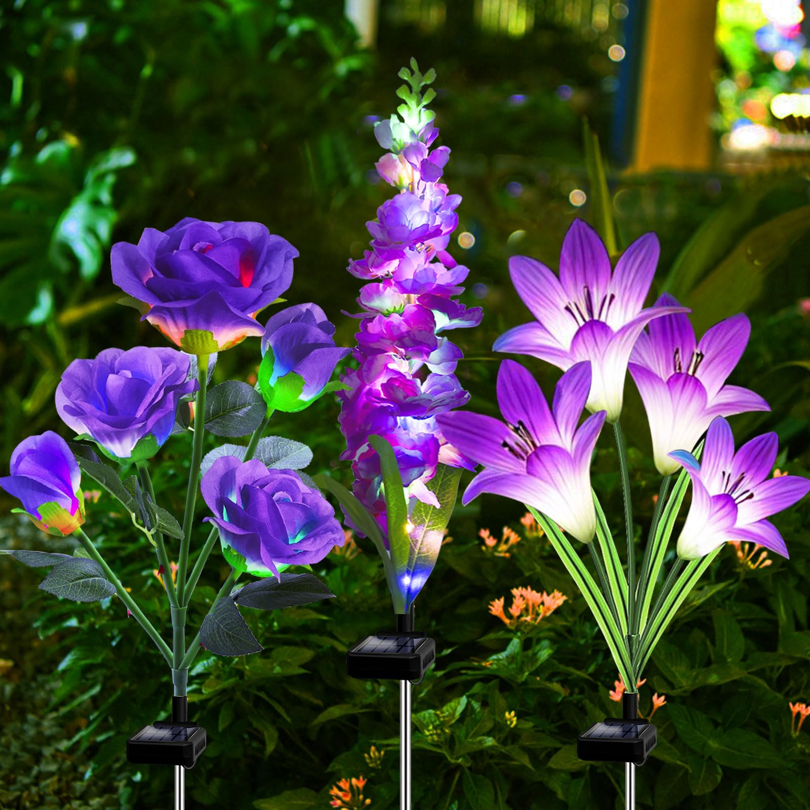 Solar Garden Lights Waterproof, 3 Pack Solar Flowers Lights Includes Lily Rose Delphinium, Gardening Gifts for Mom Grandma Women