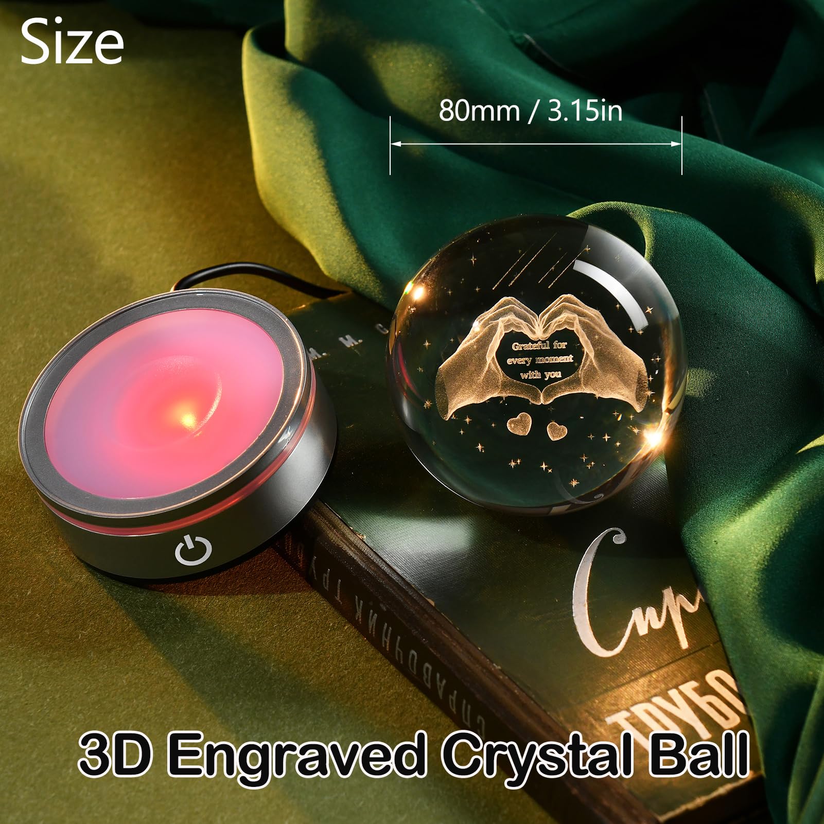 Ifolaina 3D Heart Crystal Ball Grateful Gifts For Mom Wife 3.15 Engraved Glass Love Hands Sphere Decor Gifts For Mothers Day Anniversary Birthday Crystal Heart Hands Lamp