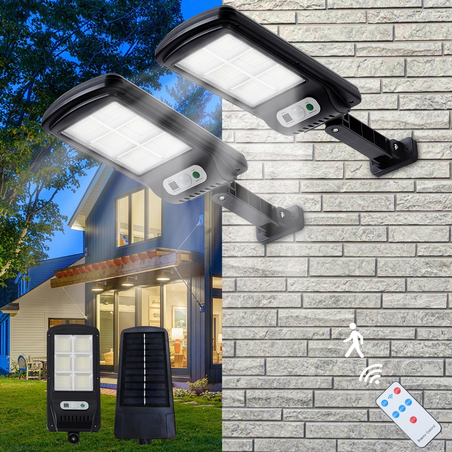 DHrtara 2 Pack 100W Solar Street Lights, Waterproof, Dusk to Dawn, Motion Sensor, Remote Control, Black, Model DH727