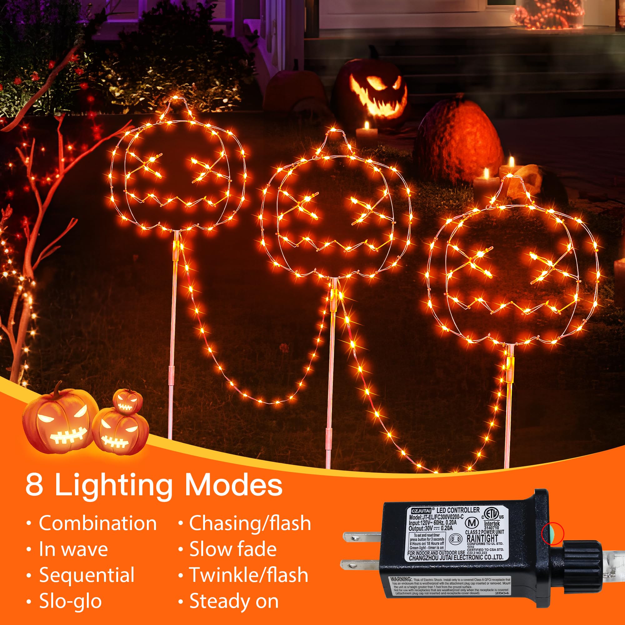Hopolon Halloween Walkway Lights, 3-Pack Orange Pumpkin Stake Lights, IP44 Waterproof, 8 Modes, 163 LED Outdoor Decorations