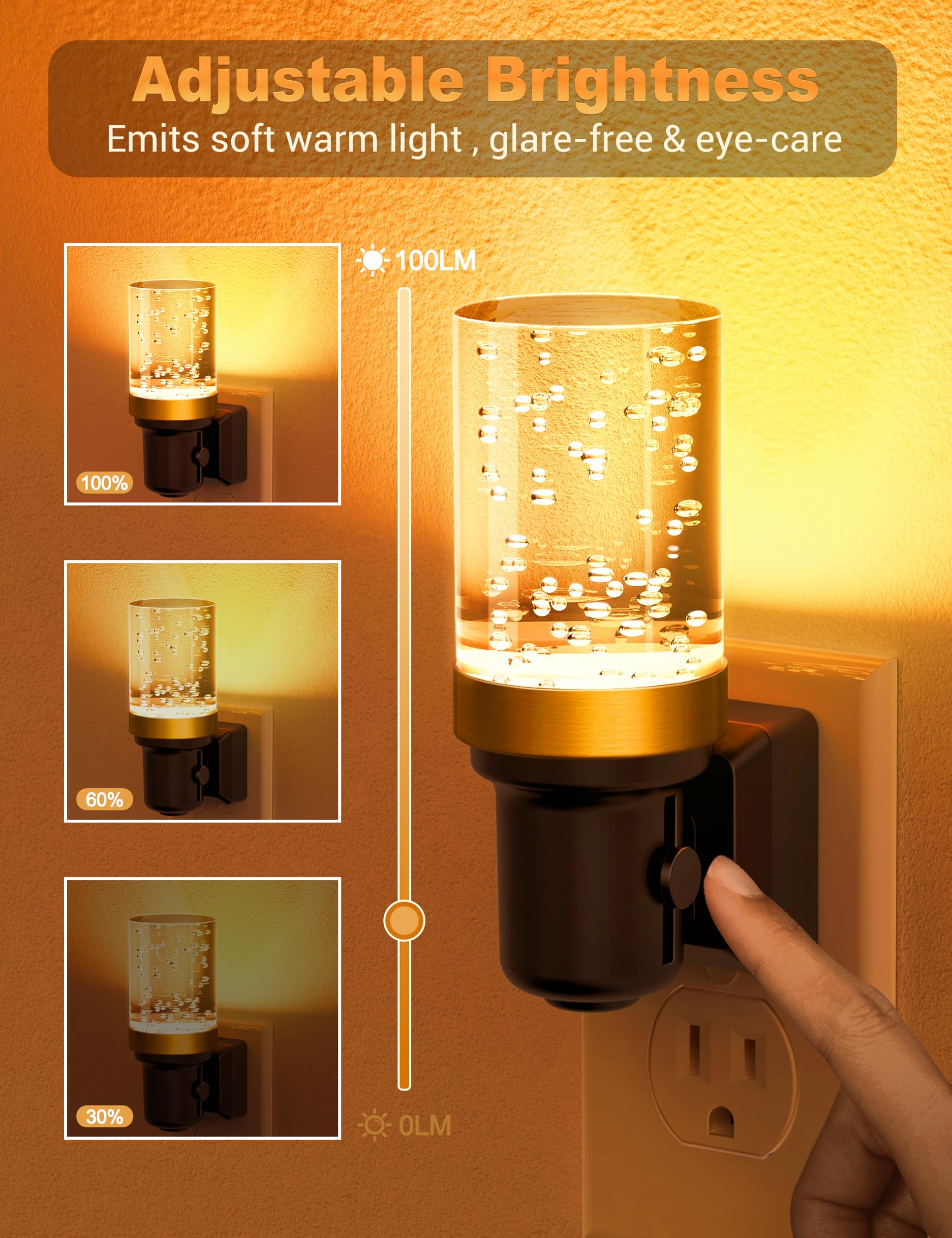 Jandcase Dimmable Night Light - Auto On/Off Sensor, Amber Led, 0-100Lm Brightness, Bathroom & Bedroom Decoration