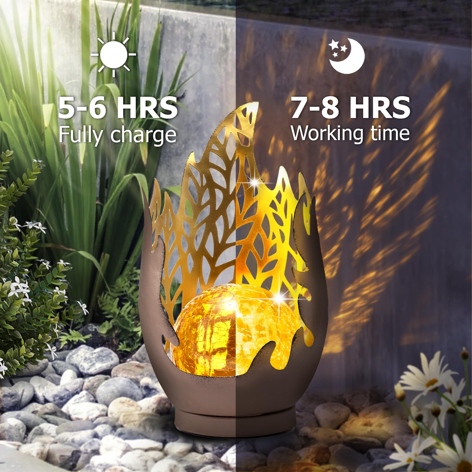Huaxu Solar Lights Outdoor Decor Waterproof Metal Cracked Glass Globe With Copper Flame Effect, Table Decorations Led Lamp Gift