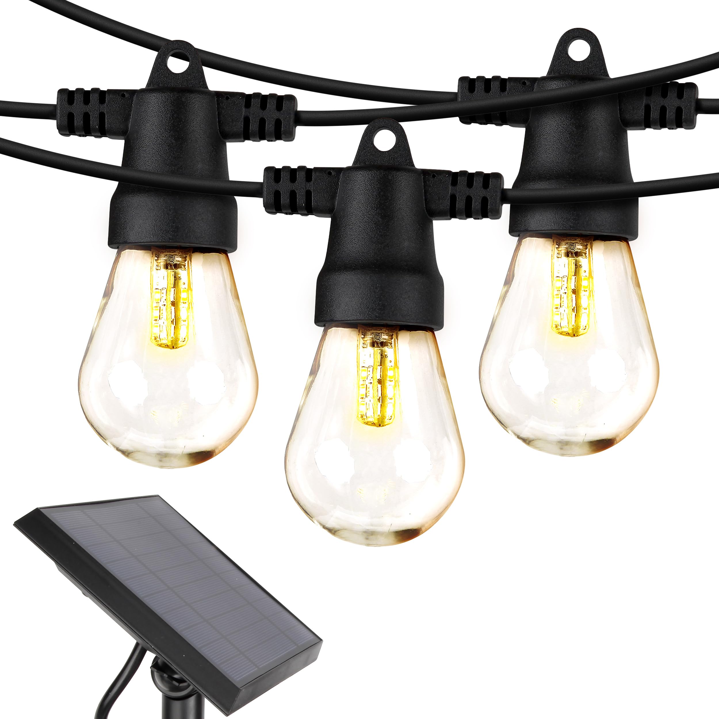 Brightech Ambience Pro Solar String Lights, 48ft Waterproof, 15 Edison Bulbs, Shatterproof LED, Black Cable, Bright (1W)