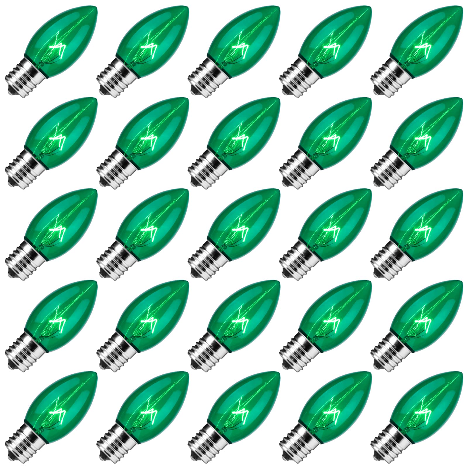 25 Pack C9 Incandescent Bulb Green, C9 Christmas Replacement Light Bulb For Christmas String Light, E17 Intermediate Base, 7 Wat