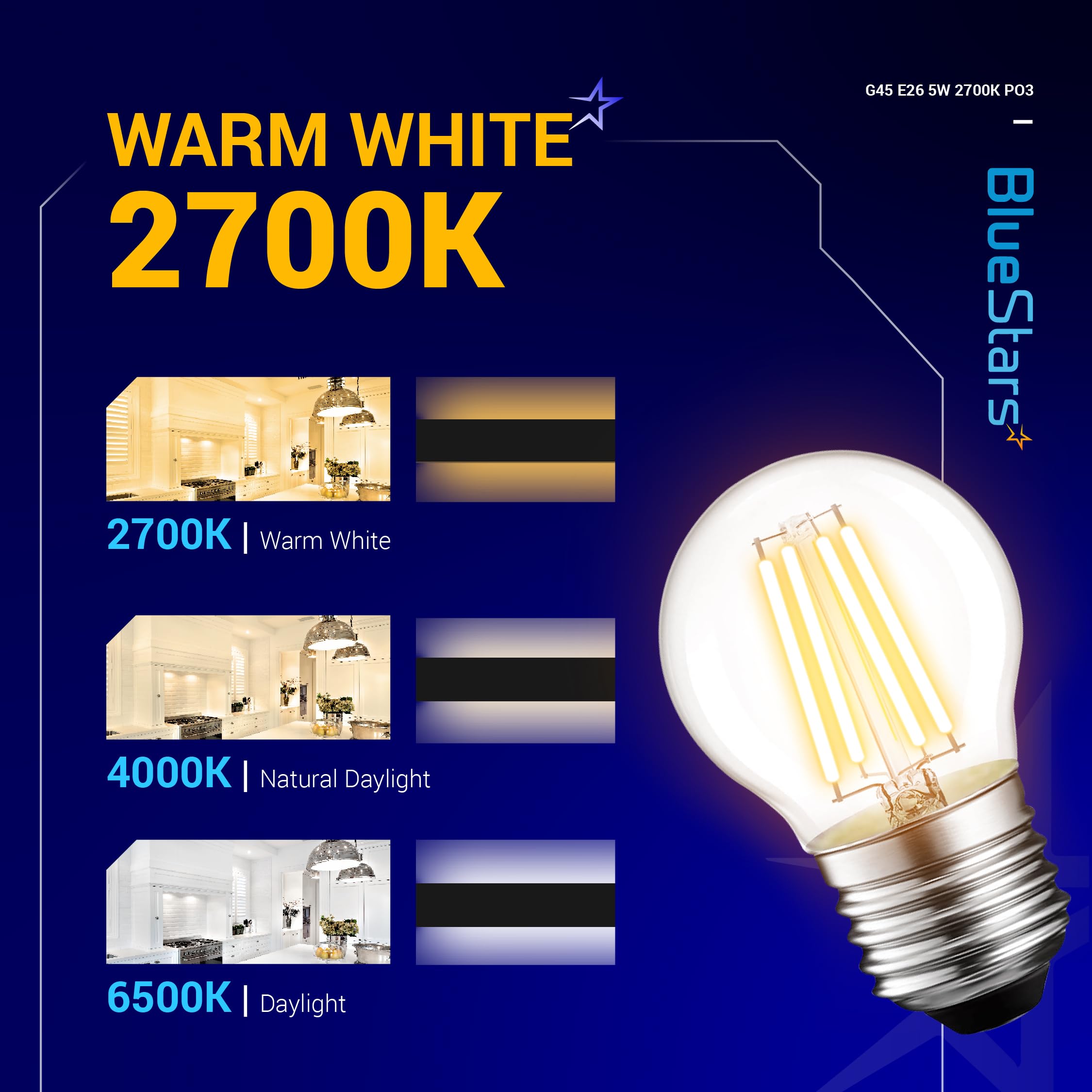 BlueStars G45 E26 Edison LED Globe Bulb, 5W (60W Equivalent), 2700K Warm White, 550lm, 3 Pack