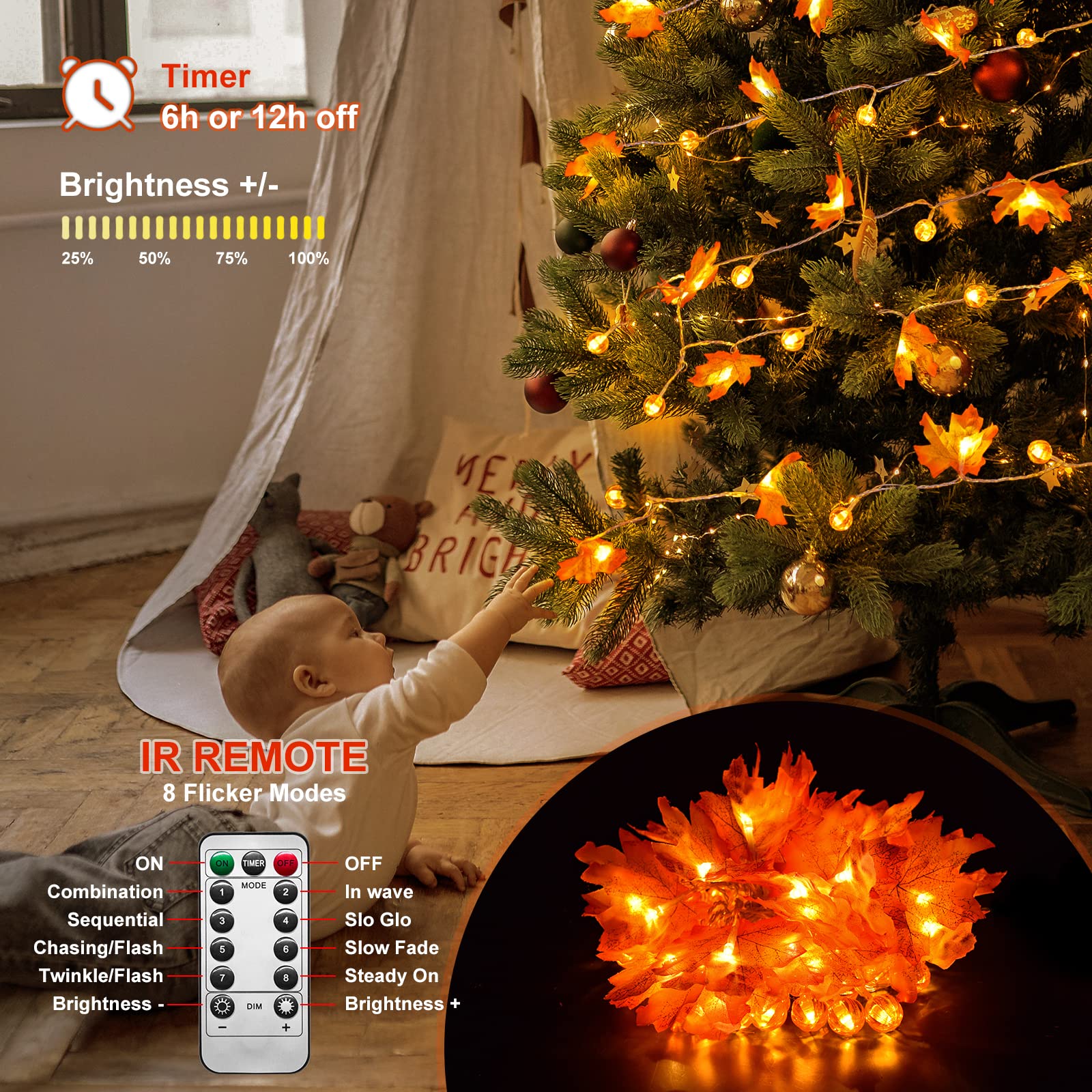 Hongtang Fall Decor Lighted Maple Leaf Garlands Thanksgiving Halloween Fall Decorations, Total 32Ft 100 Led Usb Operated Waterproof Fall Garland Leafed String Lights For Home Indoor Outdoor Autum