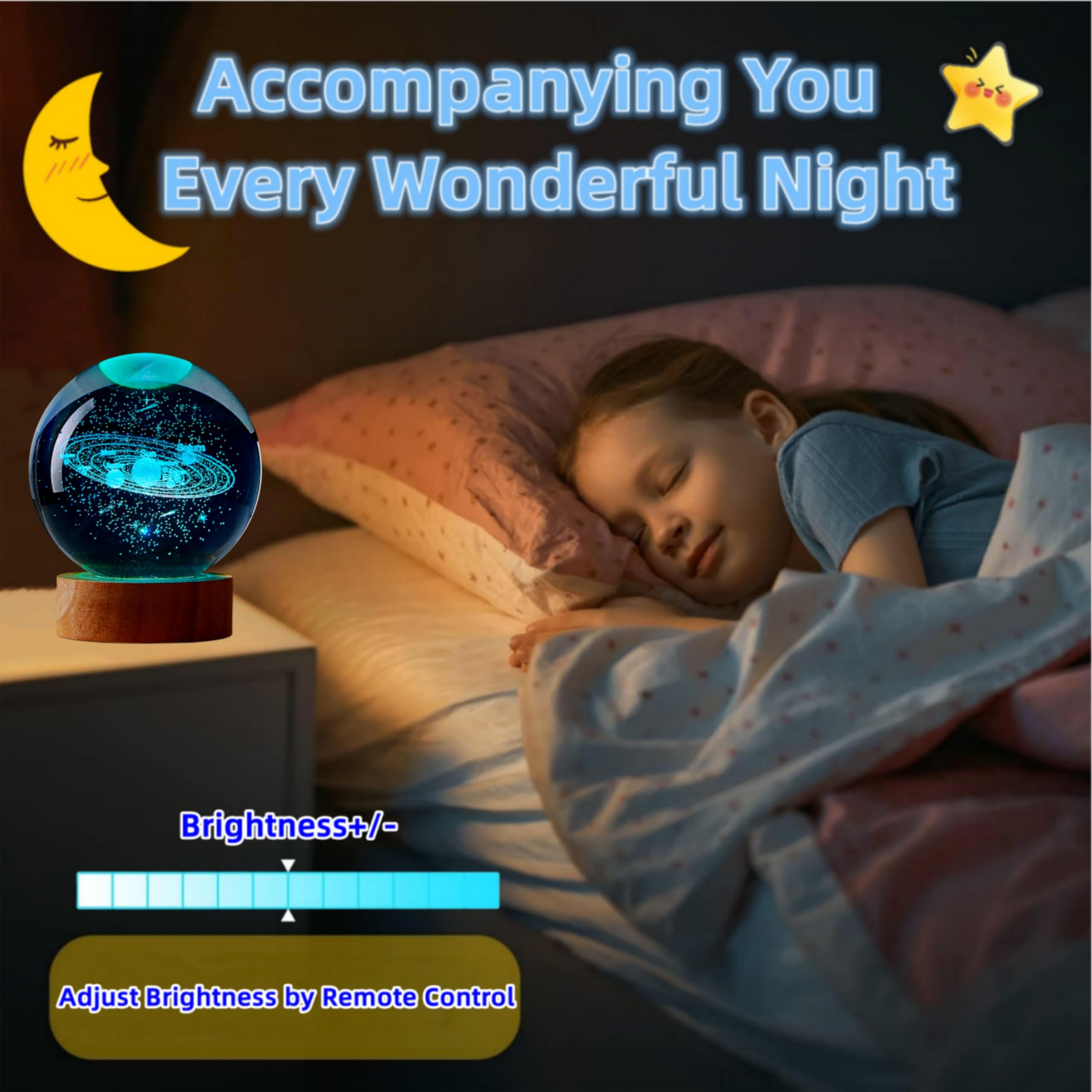 3D Solar System Crystal Ball Lamp,3.15 Inch K9 Crystal Ball Night Light With Wooden Base,16 Colors Changing With Remote Control,3D Planet Laser Engraving Holographic Light (Solar System)